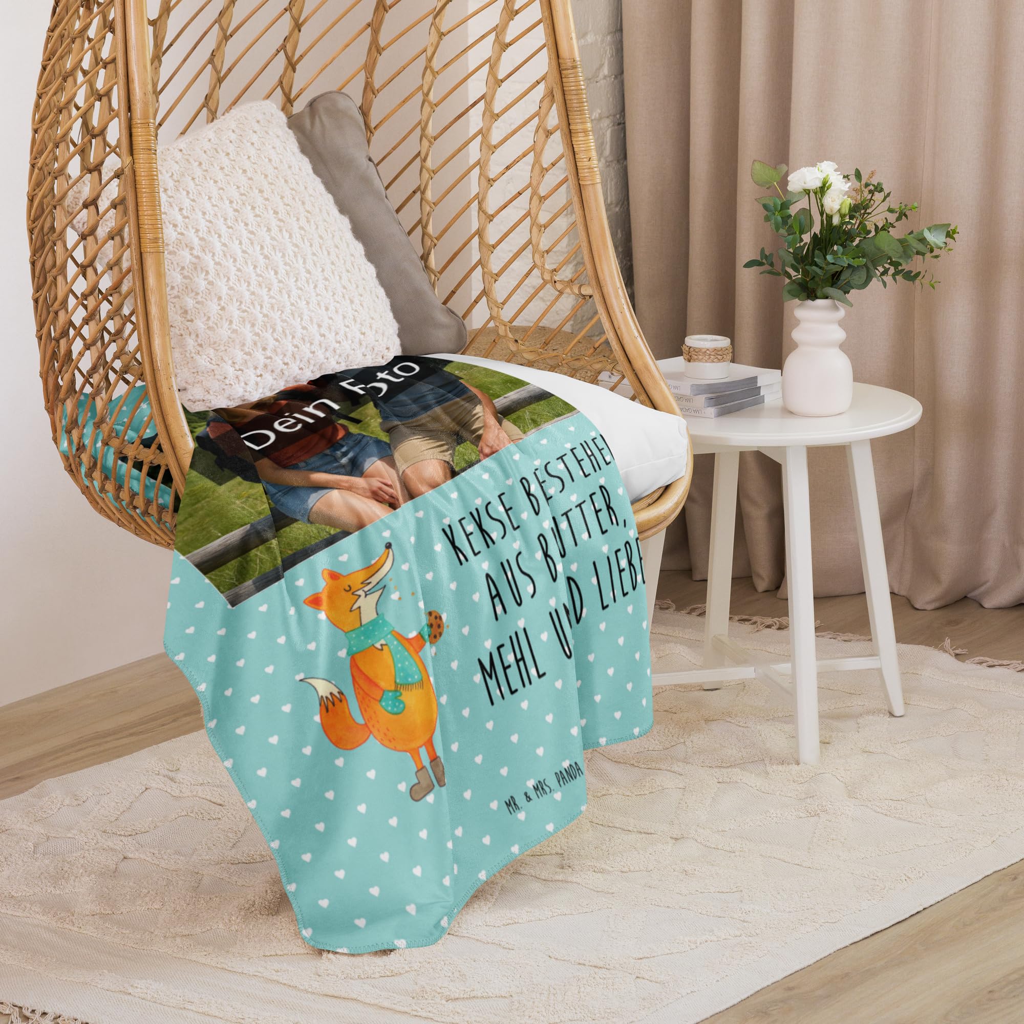 Mr. & Mrs. Panda Sherpa Foto Kuscheldecke Fuchs Keks 130 x 155 cm - Geschenk, Plätzchen, Frieren, Weihnachtlich, Küche Deko, Winter, Liebe