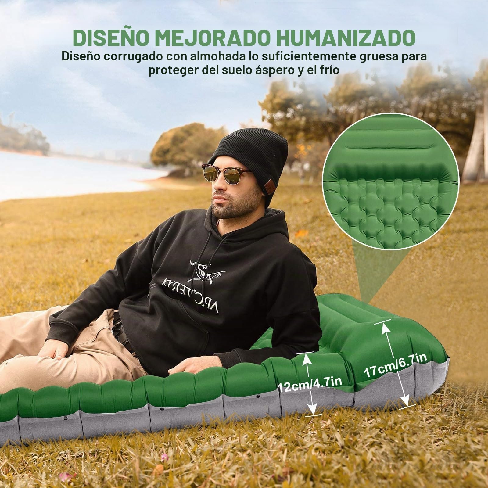 SHANNA Colchoneta De Camping Inflable Automática: Extra Gruesa 12 Cm Ultraligera Colchoneta Inflable Automática Conectable 50D Aislada con Almohada para Senderismo, Excursiones, Tienda (Verde Oliva)