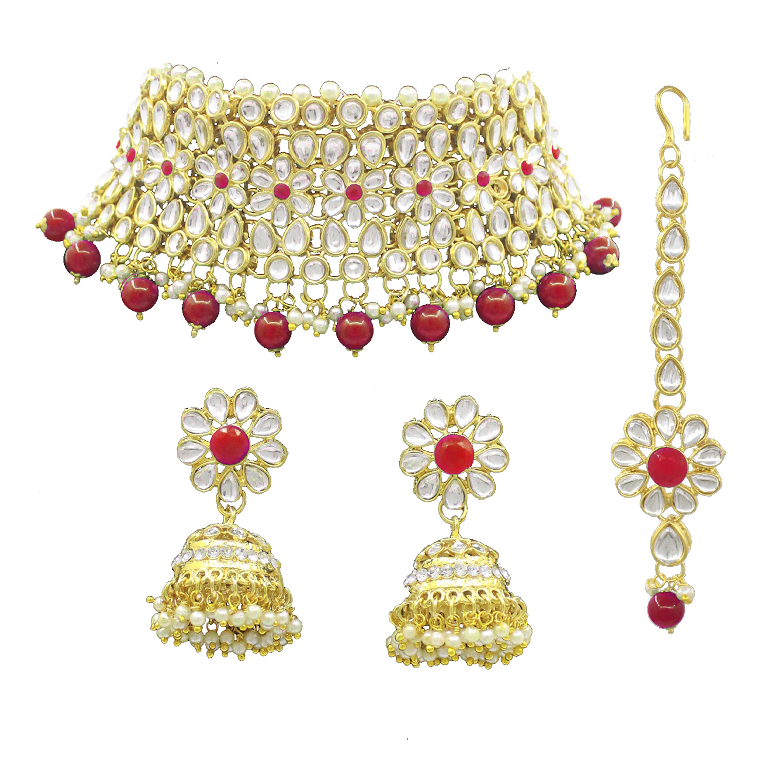 SAIYONI Wedding Collection Kundan Gold Plated Choker Necklace Earring With Maang tikka Jewellery Set - (90438-R) (B09N1LJMX1) Amazon Price History, Amazon Price Tracker