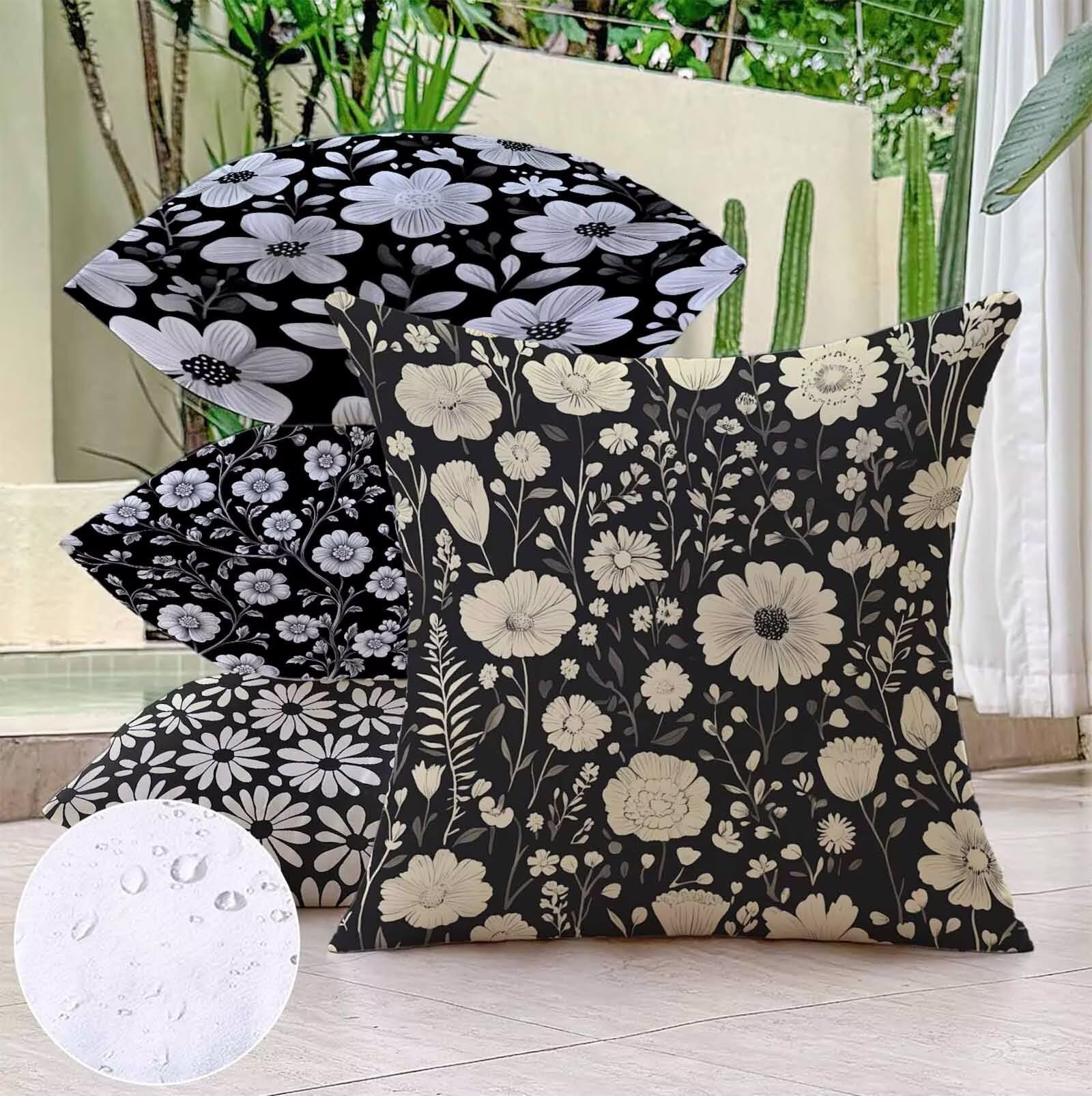 Flower Federe cuscini divano 65X65cm Set di 4 Nero Cuscini per divano Lino Quadrate cuscini esterno impermeabili Motivo Stampa HD Bifacciale Design per Sedia Case Balcone Giardino Decor PjY450 6-0