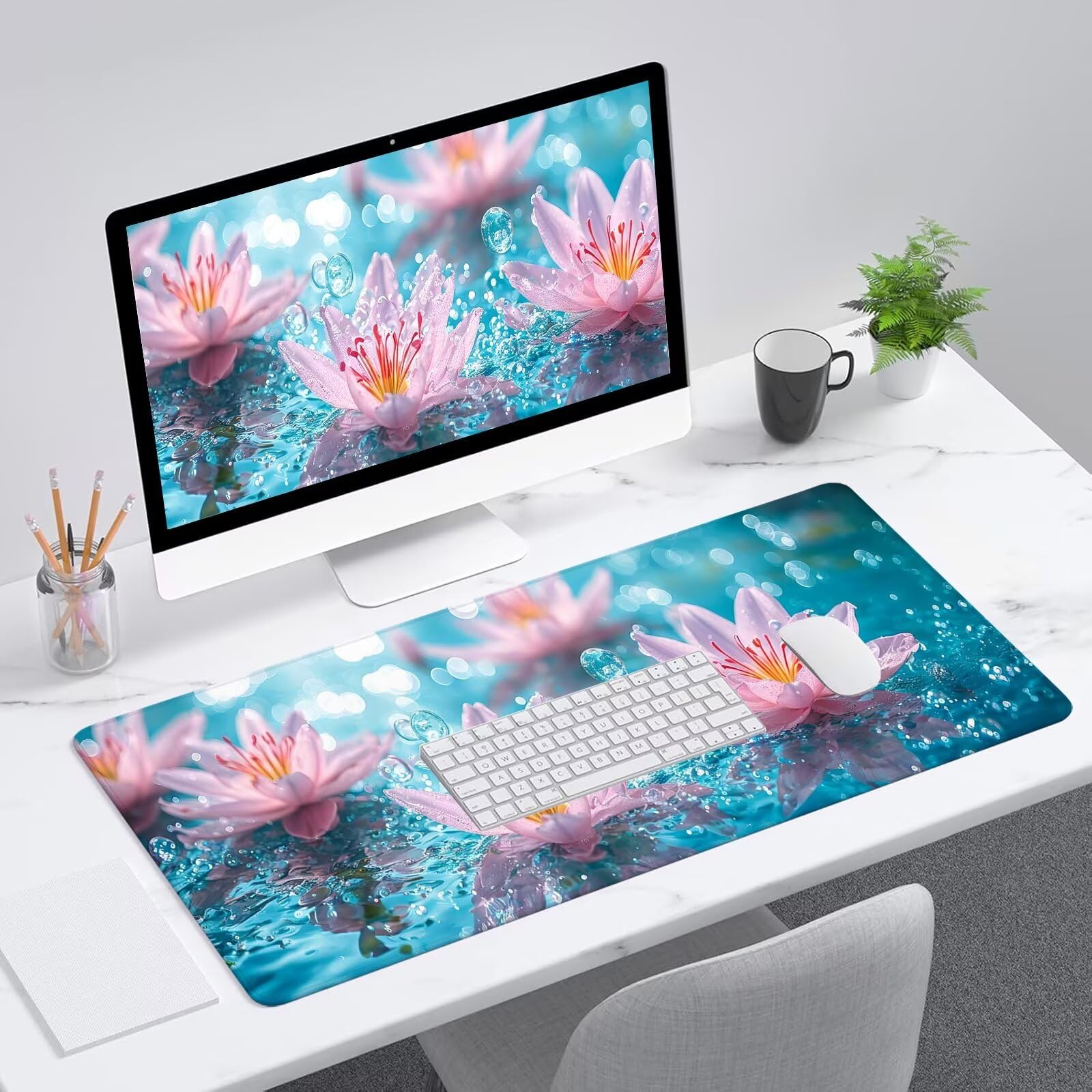 Blu Tappetino Mouse Gaming, Tappetino Mouse XXL 1200 x 500 mm, Tappetino Mouse Fiore, Mouse Pad con Base Antiscivolo, Bordi Cuciti Tappetino per Mouse, Tappetino Mouse Gaming di Alta Precisione S-694