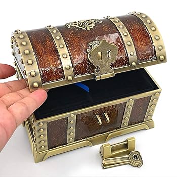 【難あり中古品】AQRESTI ジュエリーボックス 宝石箱 鍵付き イタリア製 Amazon｜3種付き オレンジ まるで海賊の宝箱 アンティーク ロな