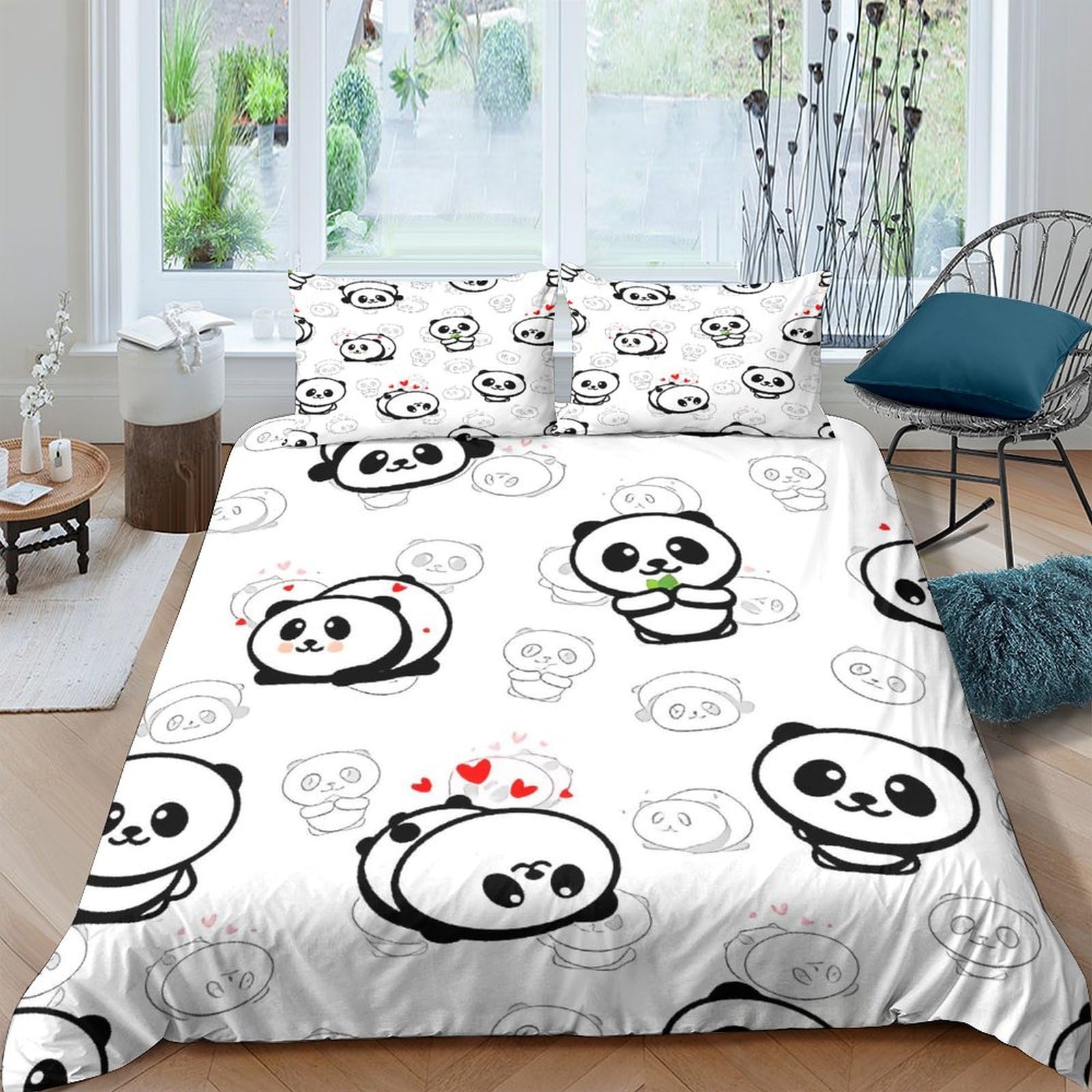 Housse de couette panda 220x240 cm avec 2 taies d'oreiller en microfibre pour lit King