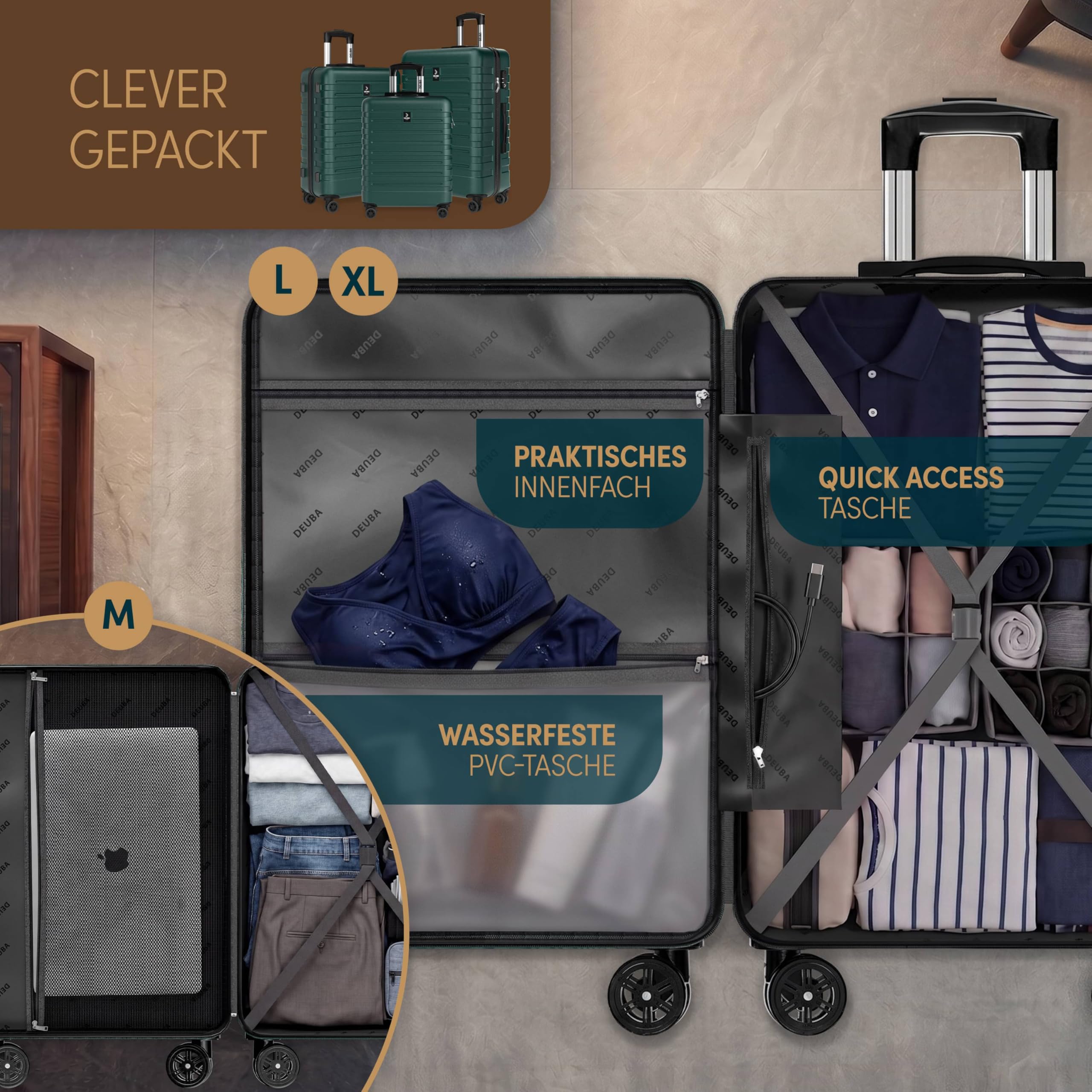 Deuba TRAVEL Set di Valigie Rigide 3 Pezzi M/L/XL con Valigia Rigida da Viaggio Grande con Rotelle a 360° Bagaglio a Mano Trolley in Materiale ABS