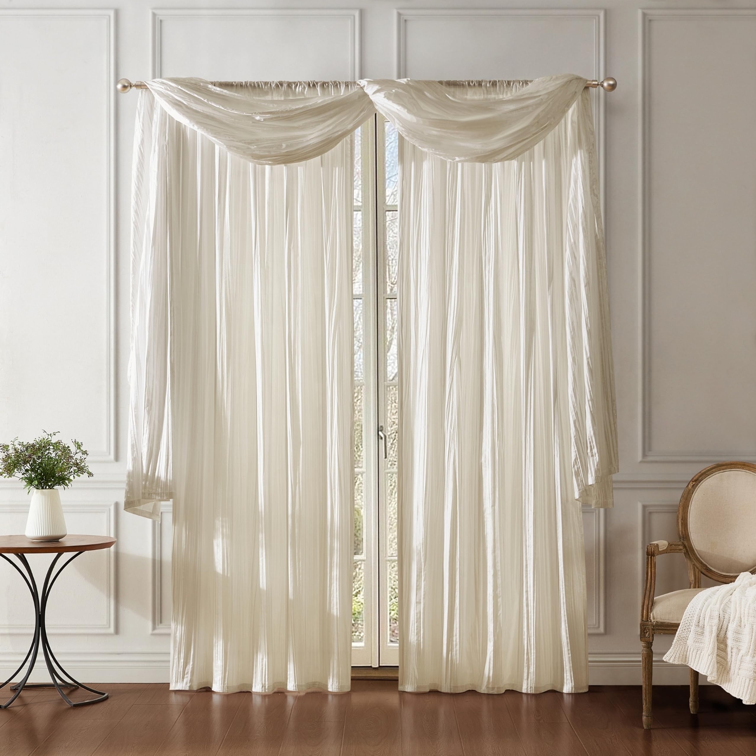 Elrene Home Fashions Athena Rideau de fenêtre Imitation Soie écrasée et cantonnière, 132 x 274 cm (2 Rideaux) et 1 cantonnière, Ivoire