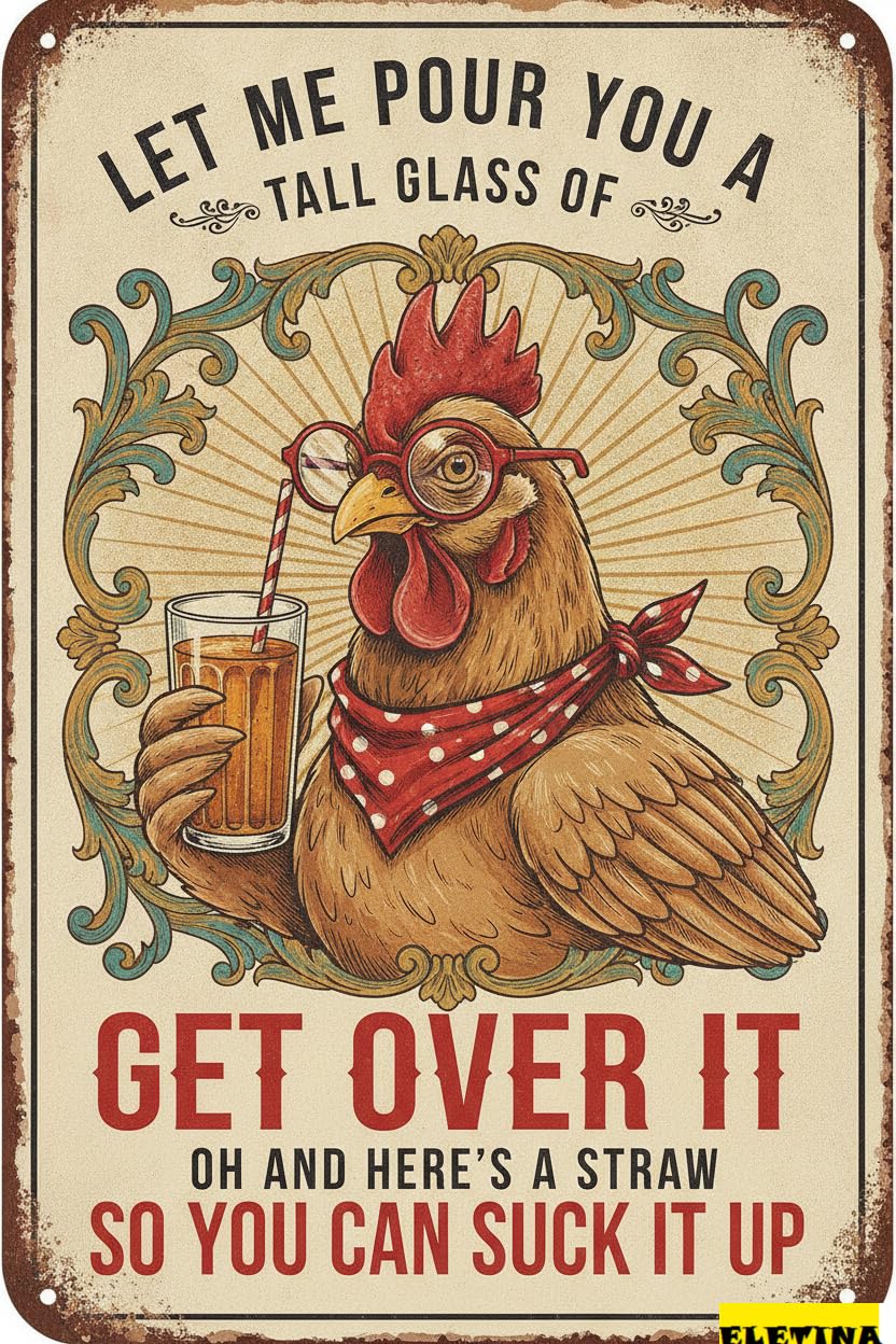 Let Me Pour Glass Get Over It Chicken Tin Sign, 8x12 Inch