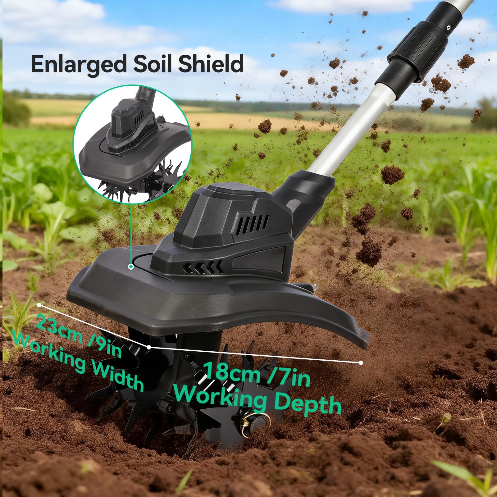 Motobineuse Électrique sans Fil 21V, Motoculteur Puissant 500W avec Moteur sans Balais Largeur 23cm Compatible avec Makita et DeWalt Écran LED & Bandoulière pour Jardin sans Batterie