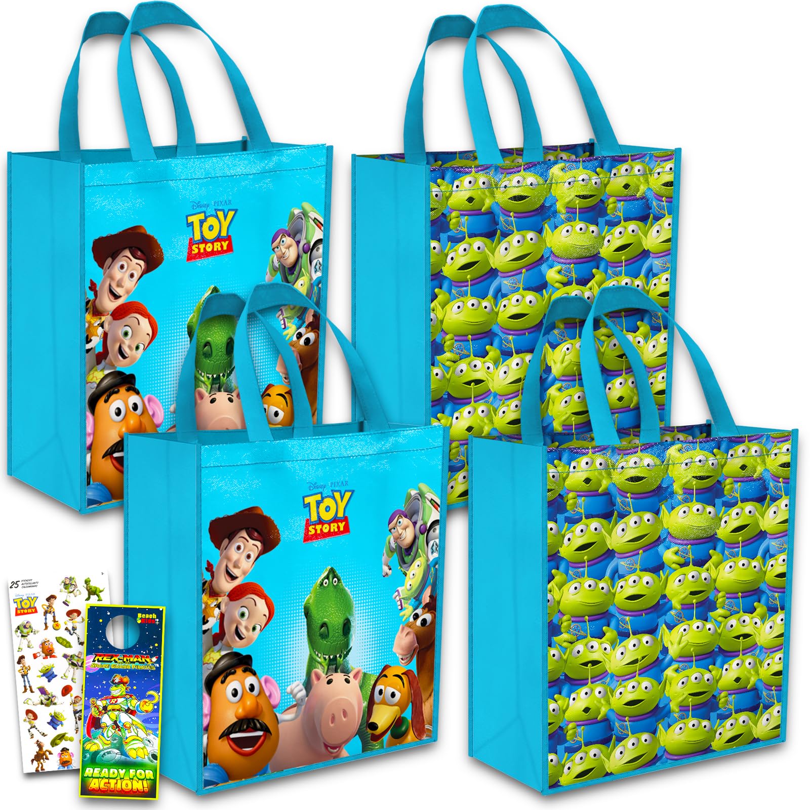Disney Pixar Toy Story Reusable Tote Bags Set - Bundle of 4 Reusable Grocery Bags, Stickers, and More | Toy Story Large Bags