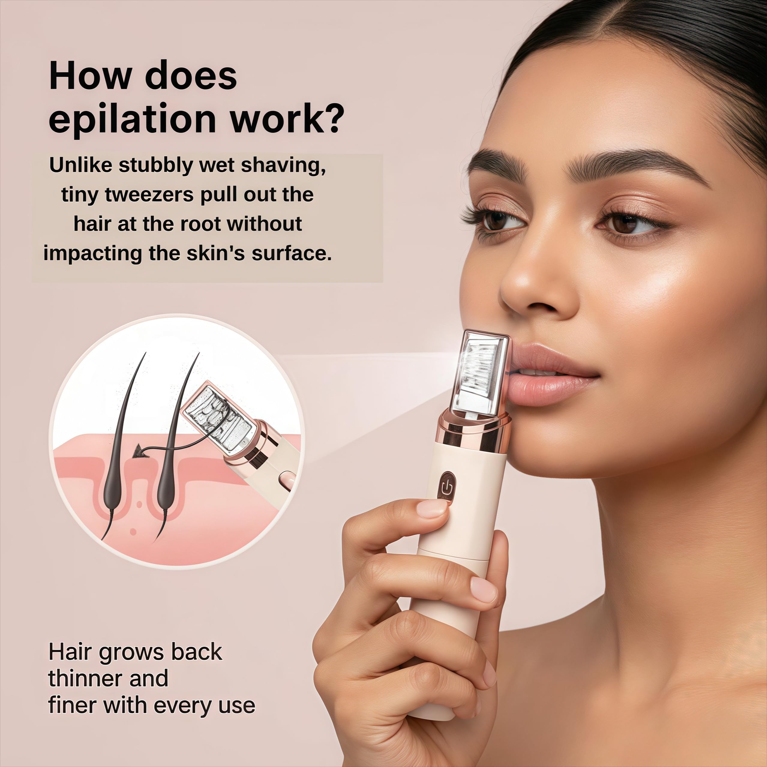 PluxiEpil Pro 3.0 Women Face Epilator – 2-in-1 Hair Removal Gentle & Painless Hair Remover for Upper Lip, Chin, Eyebrows & Cheeks (Pink)