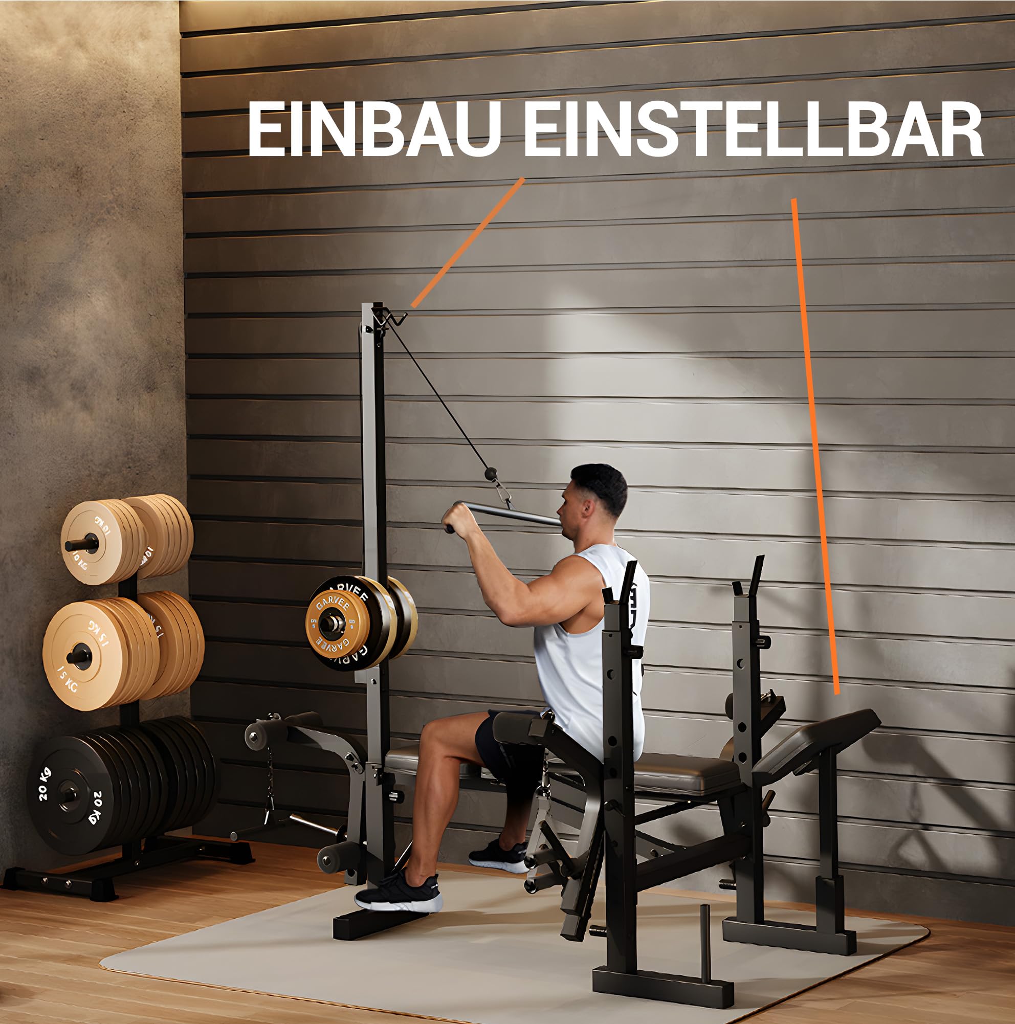 Multifunktional Hantelbank Set Klappbar, Verstellbar Hantelbank Fitnessgeräte kraftstation für zuhause mit Langhantelständer Latzugturm Seilzug Latzug Butterfly Training Bank, Beinbeuger Für Zuhause