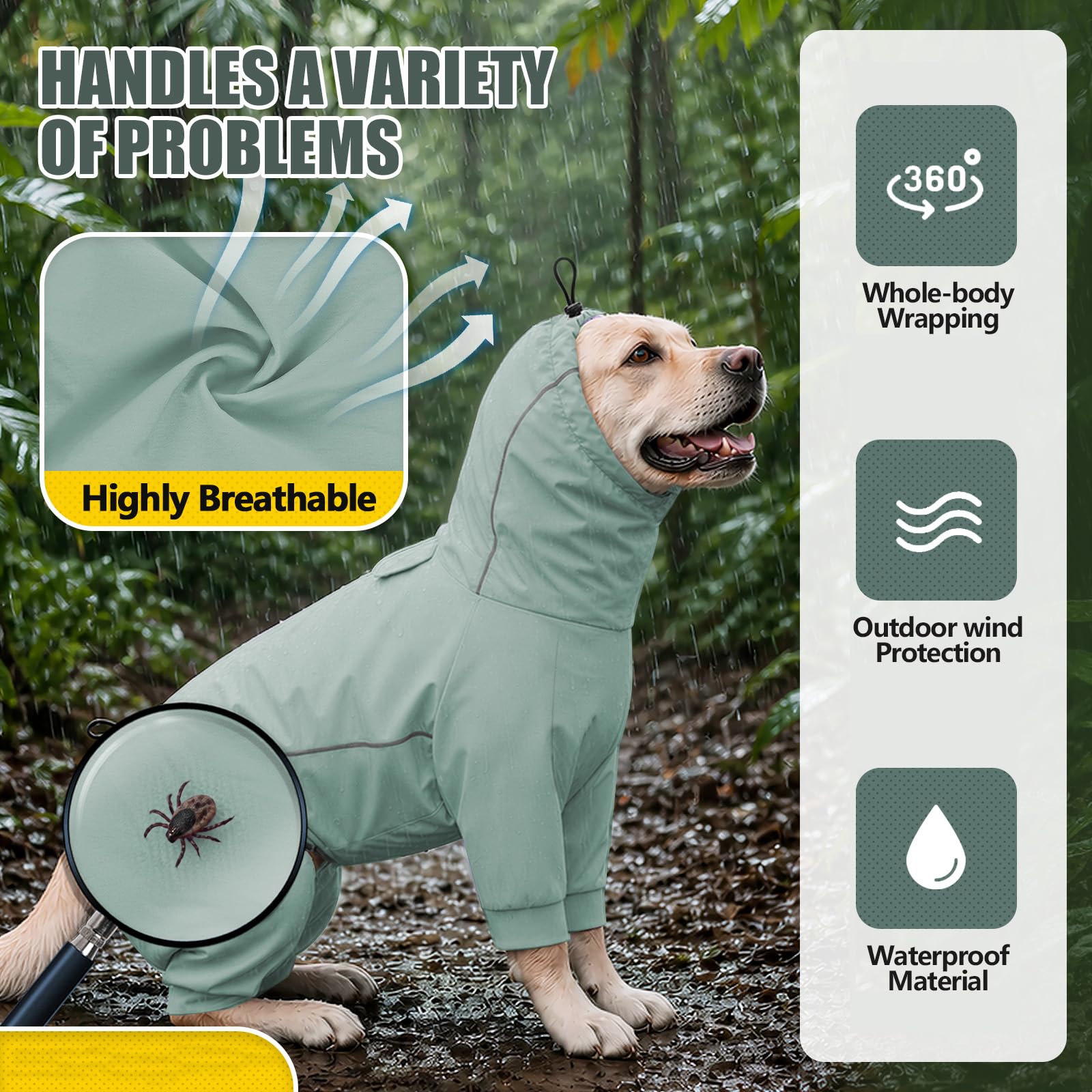 Hunde-Regenmantel mit 4 Beinen, wasserdicht, winddicht, Kapuzenjacke mit reflektierenden Streifen und Loch für die Leine, für kleine, mittelgroße und große Hunde bis zu 40 kg, Grün, Größe S