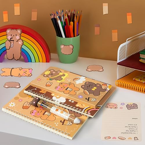 Miniatura 5 de B1ykin Juego de 3 cuadernos de oso con notas adhesivas, papel de regalo, cuaderno Kawaii Bear A5 en espiral y 550 hojas de notas adhesivas con