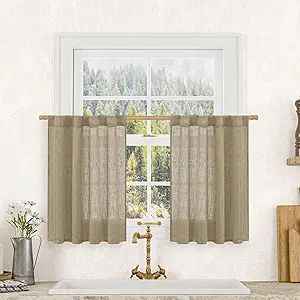 LAMIT 36 Inch Length Linen Curtains for Small Windows, Semi Sheer Light Filtering Panels Back Tab and Rod Pocket Country Decor Drapes for Basement/Kitchen, Taupe, 2 Panels, 34 x 36 Inch