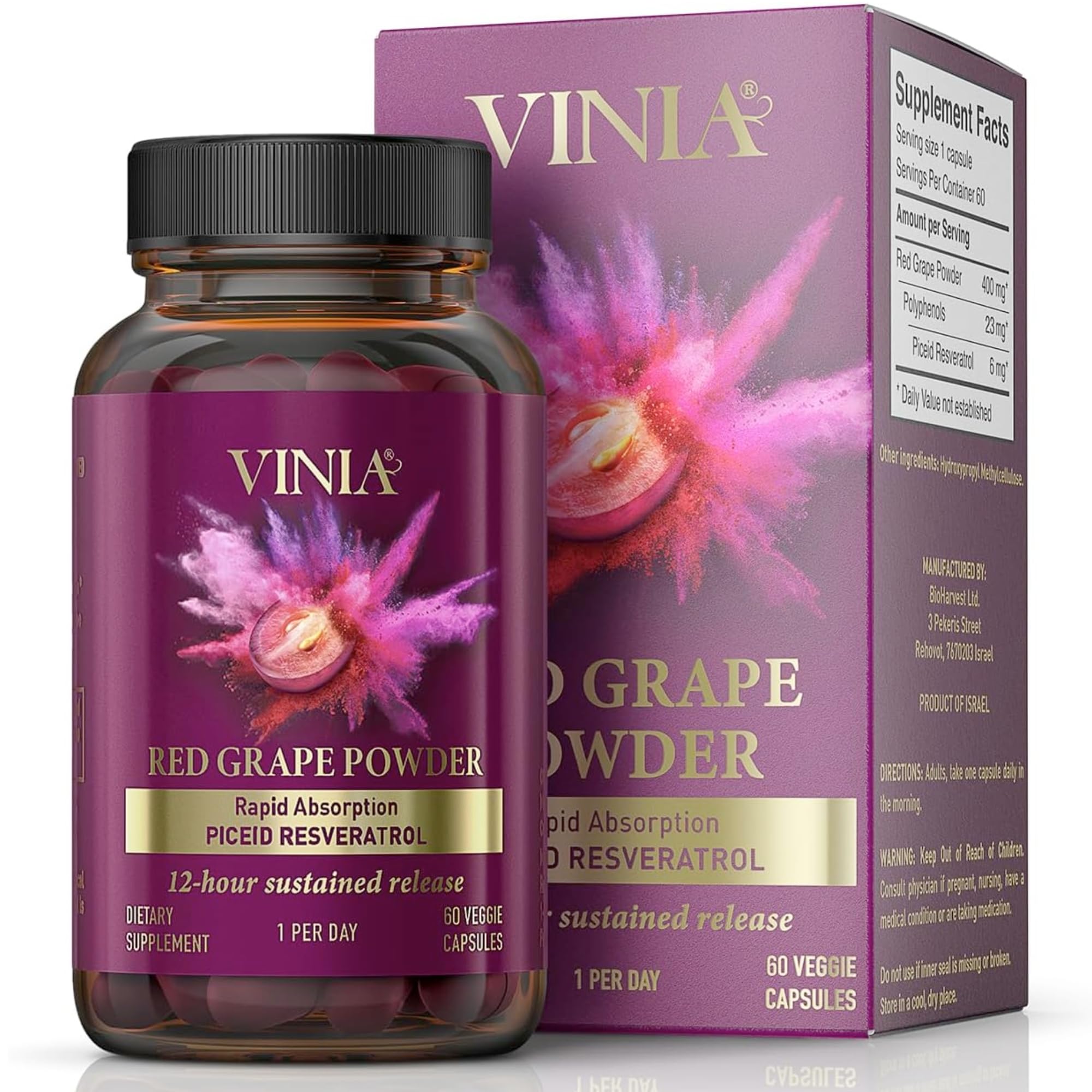 VINIA Piceid Resveratrol Supplement. Increases Blood Flow and Nitric Oxide. Blood Pressure and Heart Health Support | Antioxidant from Red Grapes | Non-GMO, 60 Count
