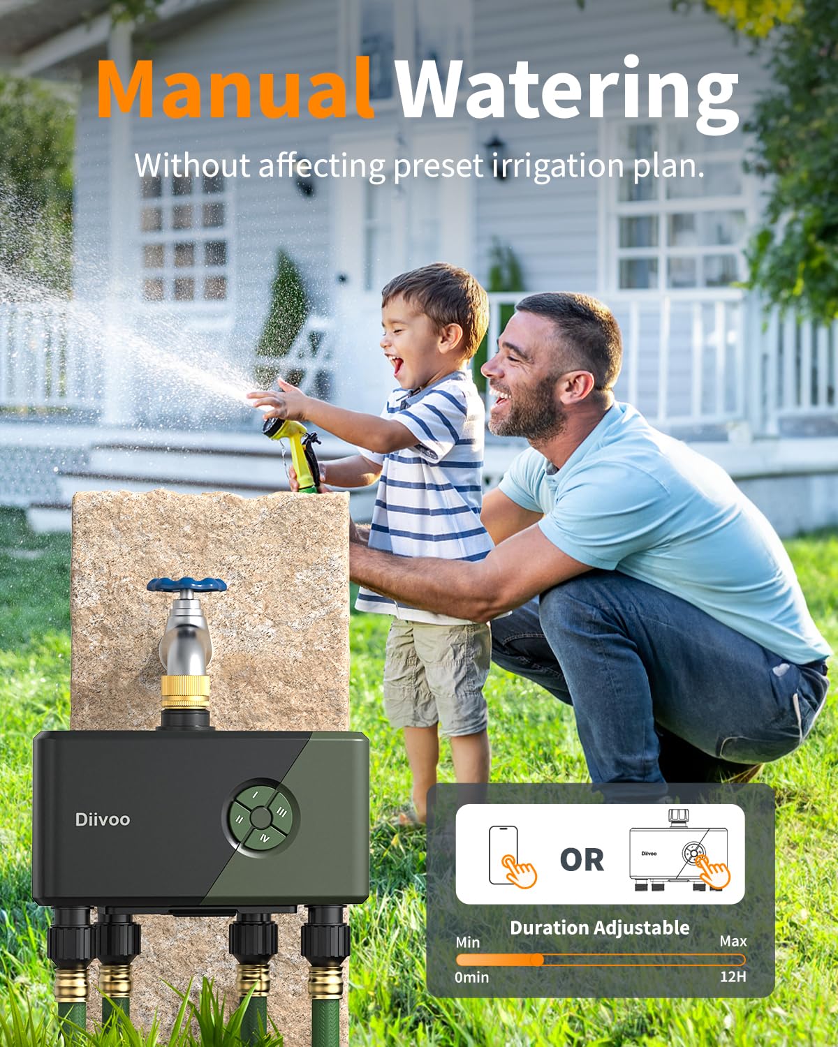 Diivoo 4 Zones WiFi Water Timer with Brass Inlet, Smart Sprinkler Hose Timer 4 Outlets Compatible with Alexa/Google Assistant, 24 Irrigation Plans, Rain Delay & Mist Mode for Garden Lawns - 5