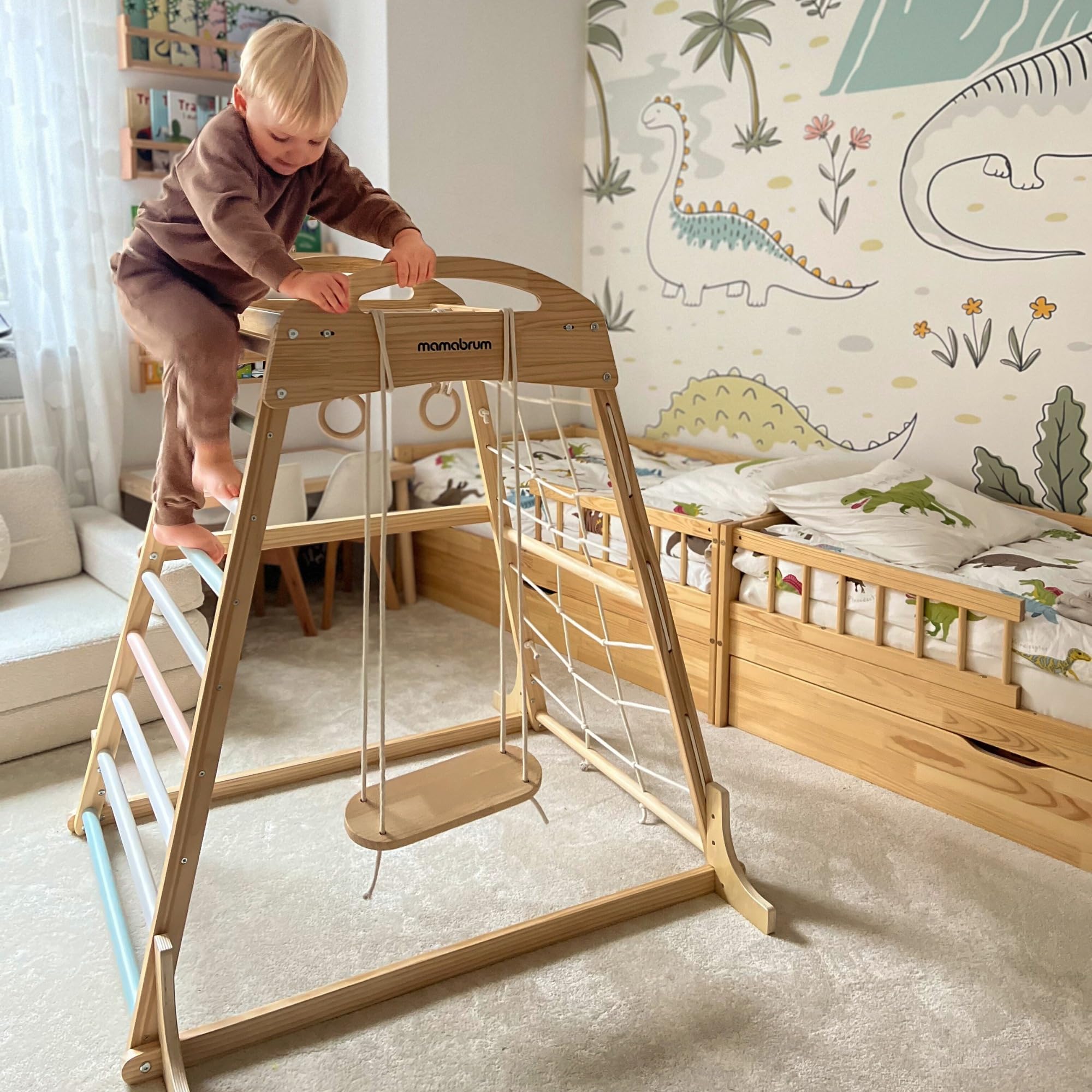 Mamabrum Aire de Jeux intérieure en Bois pour Enfants avec balançoire, Anneaux de Gymnastique et Filet d’Escalade – Ensemble Sportif Multifonctionnel pour la Maison