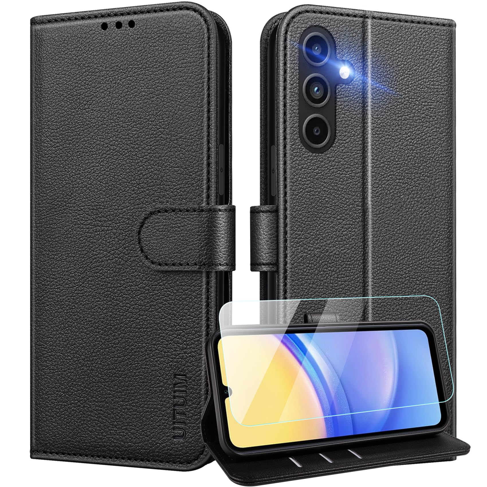 UITUIM Cover per Samsung Galaxy A15 4G/5G Cover Custodia a Libro Portafoglio Pelle con Vetro Temperato Pellicola Cover Porta Carte Flip Case Protettiva Custodia per Samsung Galaxy A15 4G/5G,Nero
