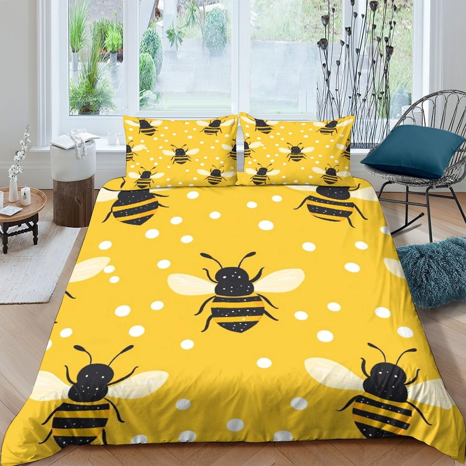 Ctjqhvkz Style-5 3D Printed Bee Pattern Fitted Sheet Microfiber Soft Yellow Polka Dot Mattress Cover For Bedroom Dorm Easy Care Decor Single（135X200cm）