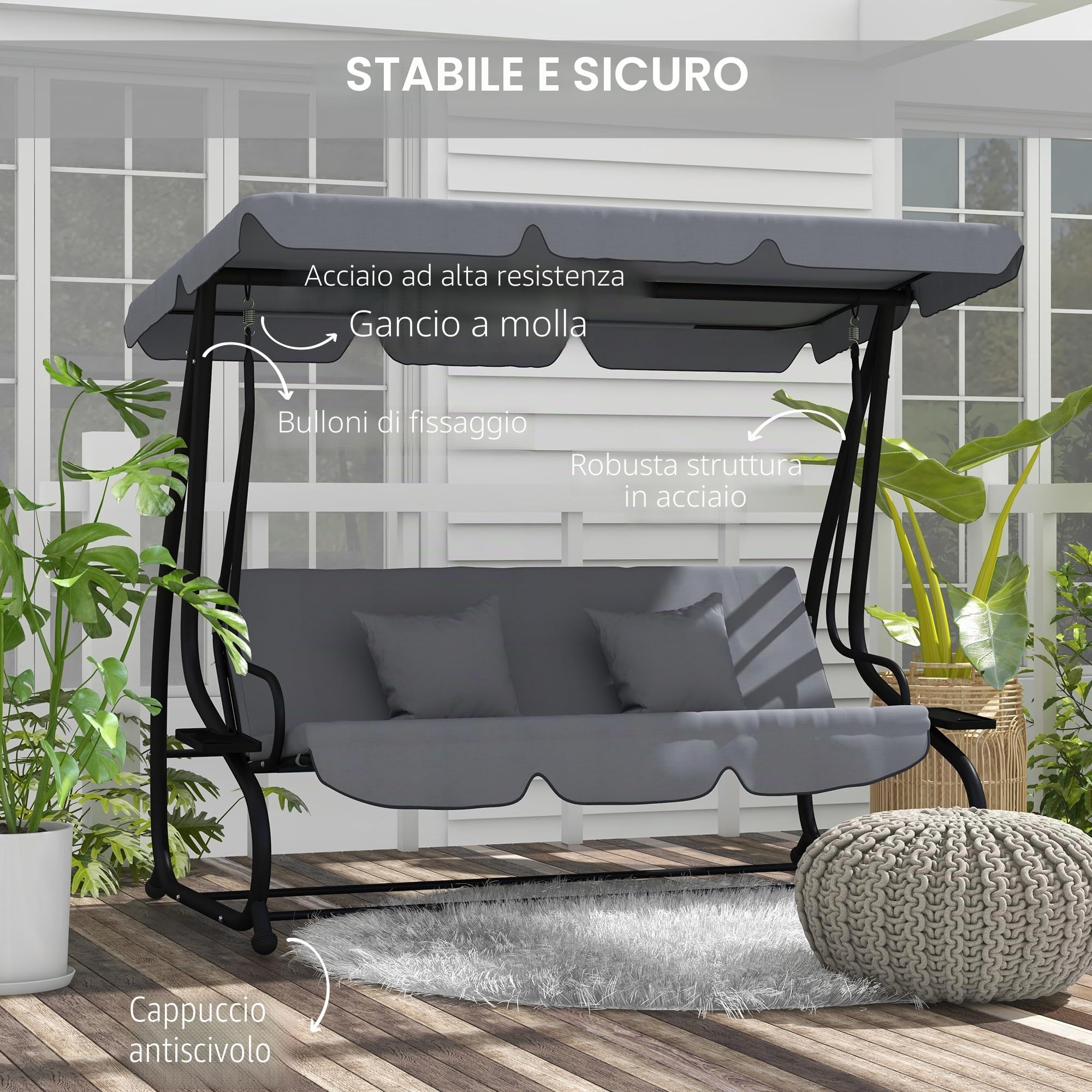Outsunny Altalena da giardino convertibile a 3 posti Tetto regolabile inclinazione 2 ripiani Supporto 2L x 1,2l x 1,64H m metallo epossidico Nero Poliestere grigio scuro