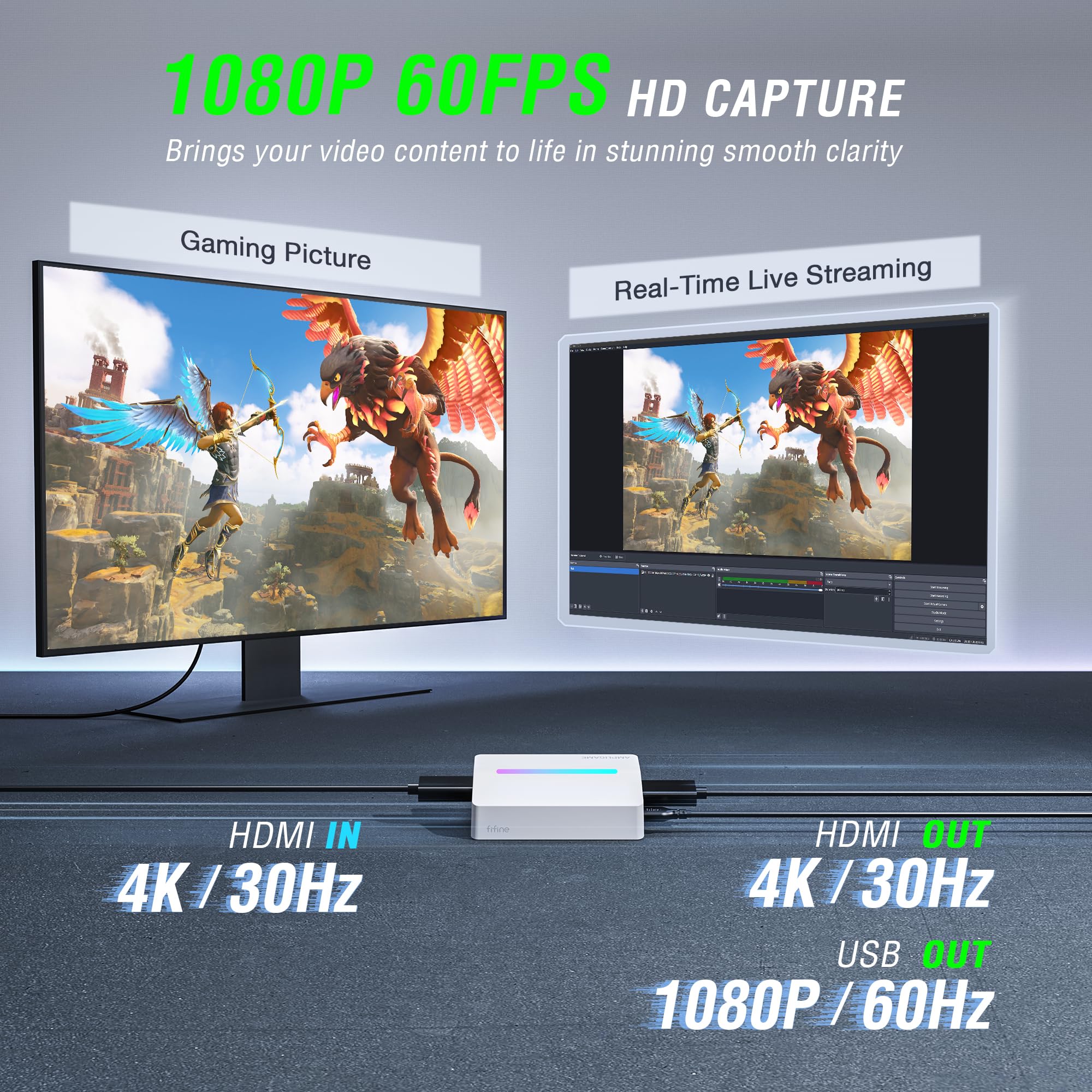 Fifine AmpliGame - Tarjeta de captura de video HDMI USB 4K para transmisión OBS, tarjeta de captura de audio 1080P con RGB, entrada/salida HDMI compatible con Switch/XBOX/PS5/Computer-V3 blanco