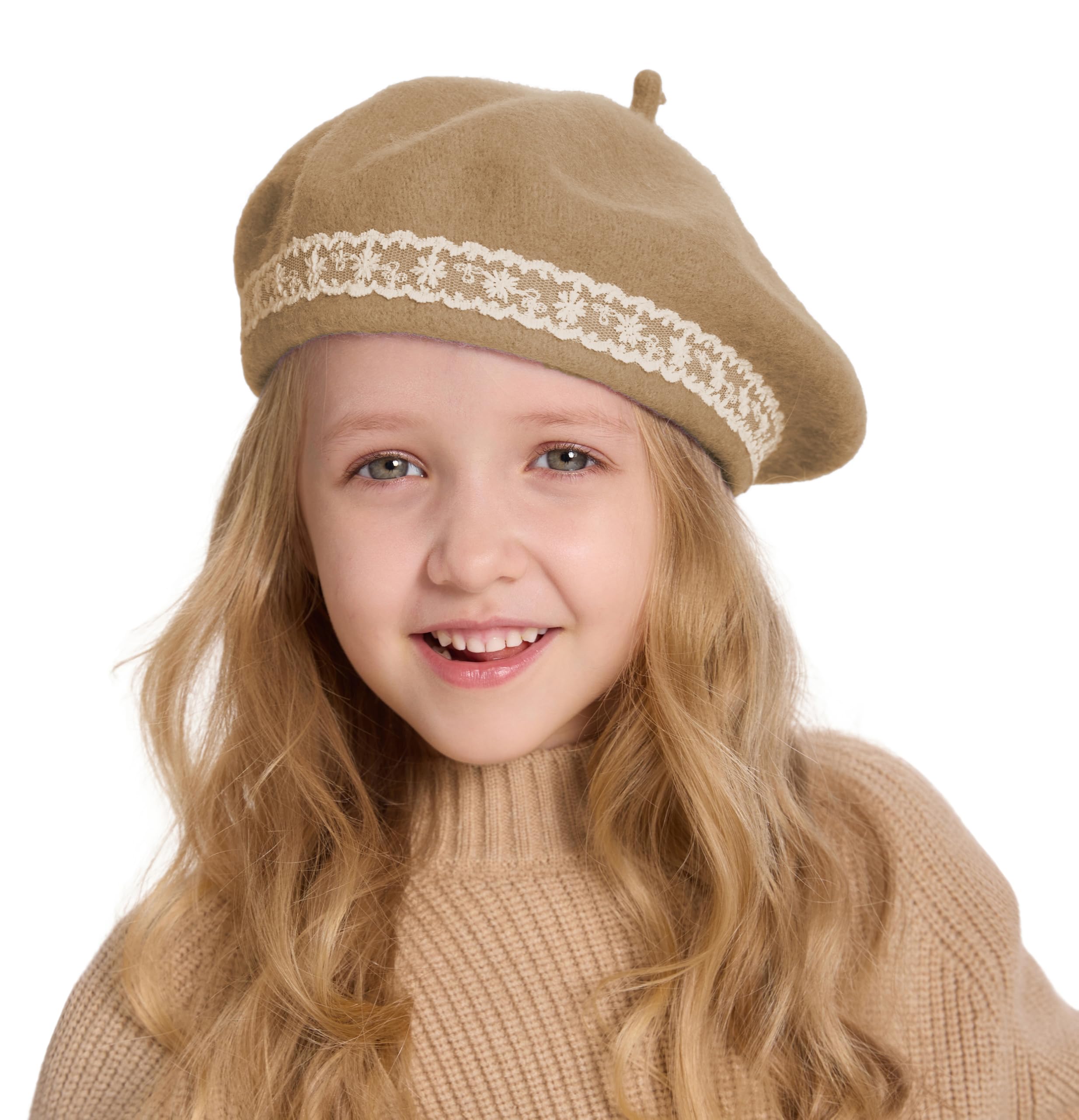 ZLYC Wool Kids Beret Hat Girls Solid Color Artist French Beret Cap(Lace Camel),One Size