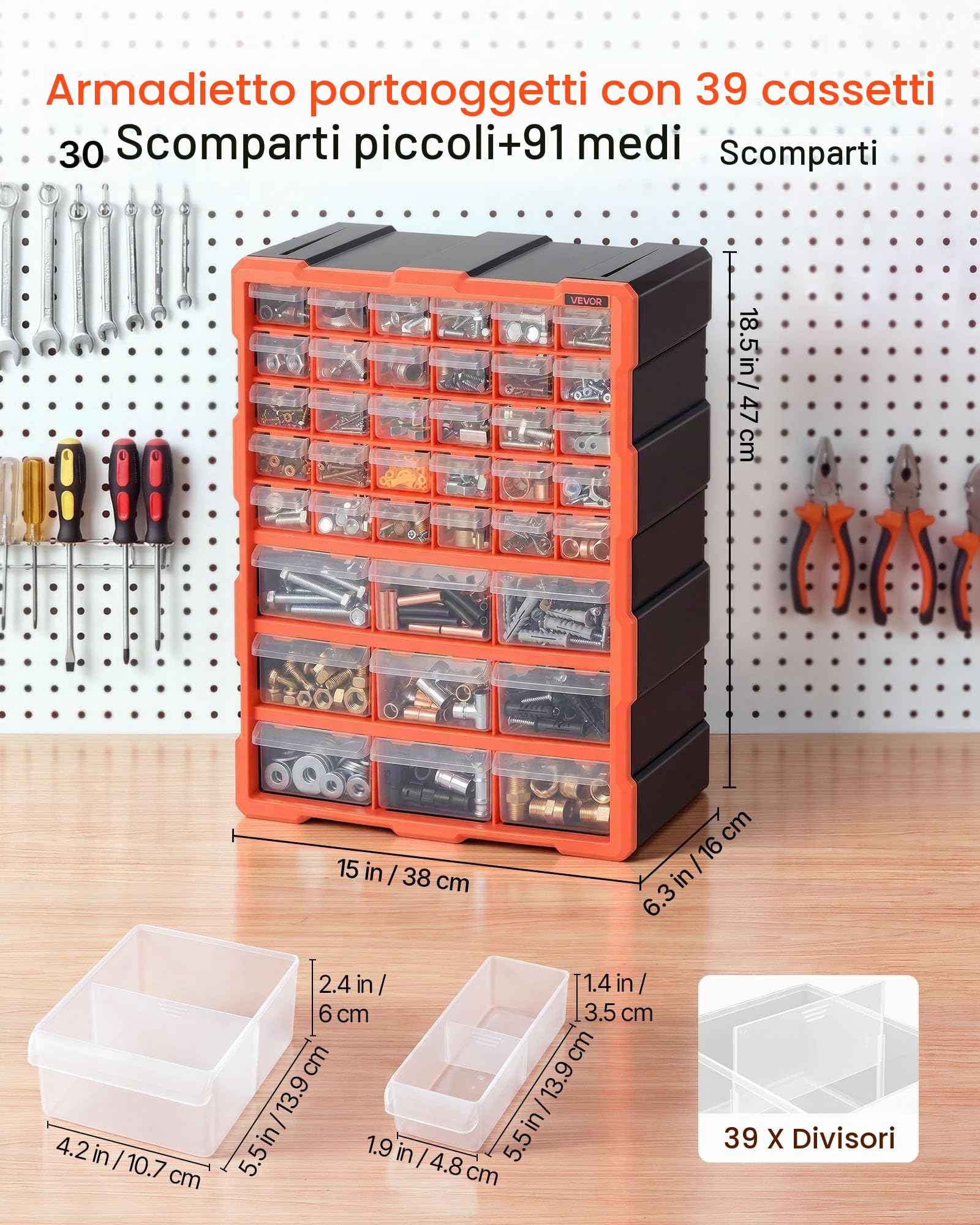 VEVOR Organizer per Minuteria a 39 Cassetti, Cassettiera Porta Minuteria Impilabile, Contenitore da Parete per Viti, Bulloni, Ferramenta e Componenti, in Plastica, Ideale per Garage, Casa e Officina