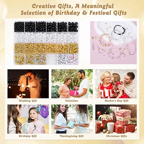 Miniatura 6 de JADVY Kit de 1800 cuentas de perlas para hacer joyas con cuentas espaciadoras, cuentas de perlas negrablancadorada para pulseras, collares, aretes,