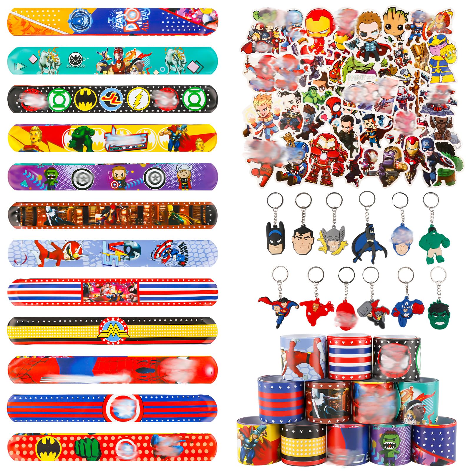 Ainvliya 74pcs Avenge Party bag Fillers, 50pcs Stickers, 12pcs Slap Bands, 12 Keychain, Party Bags Supplies for Kids Boys Girls
