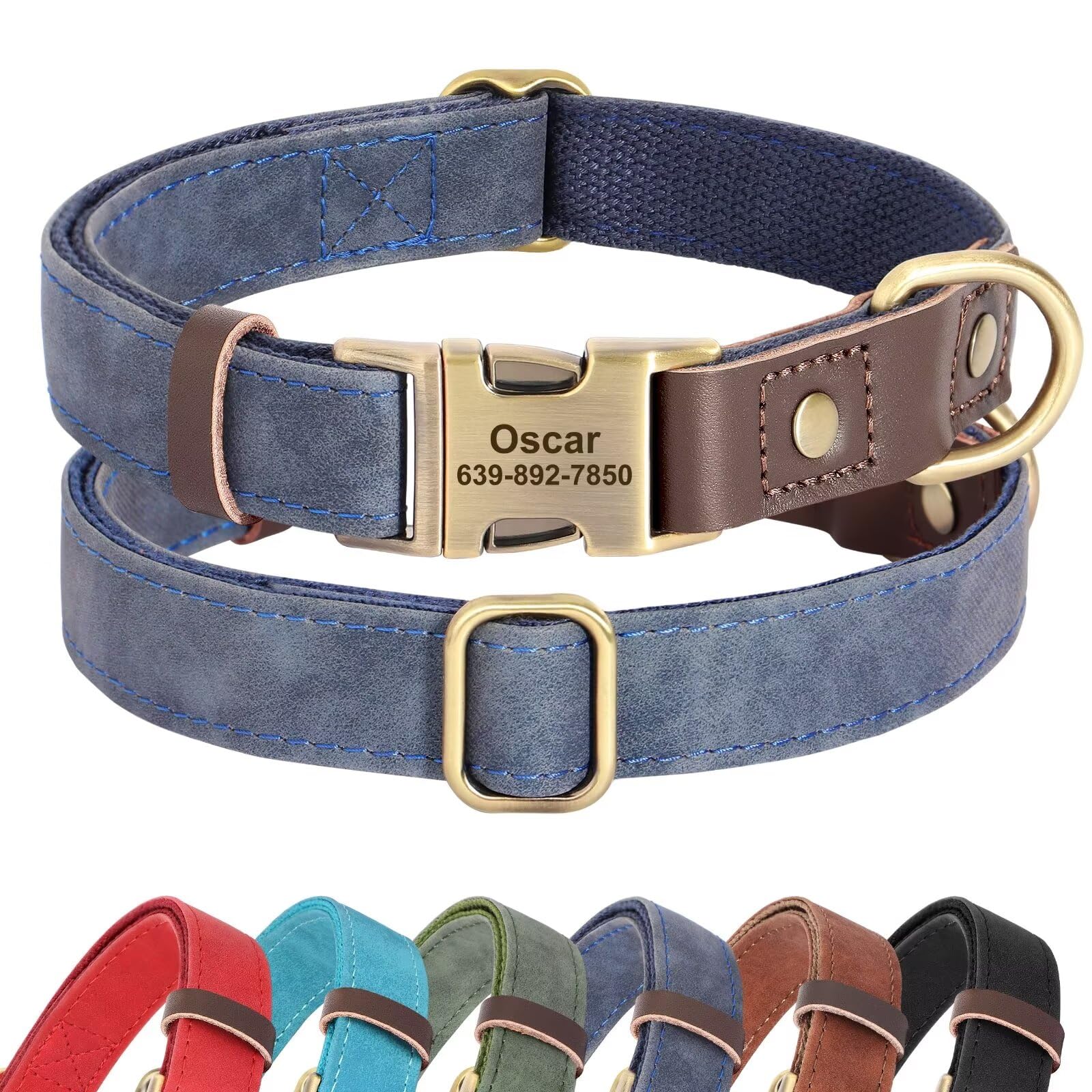 Didog Personalised PU Leather Dog Collar, Soft Durable Custom Dog Collars, Adjustable Dog Collar with Name Plate and Quick Released Metal Buckle for Small Medium Large Dogs, Blue, S — image 1