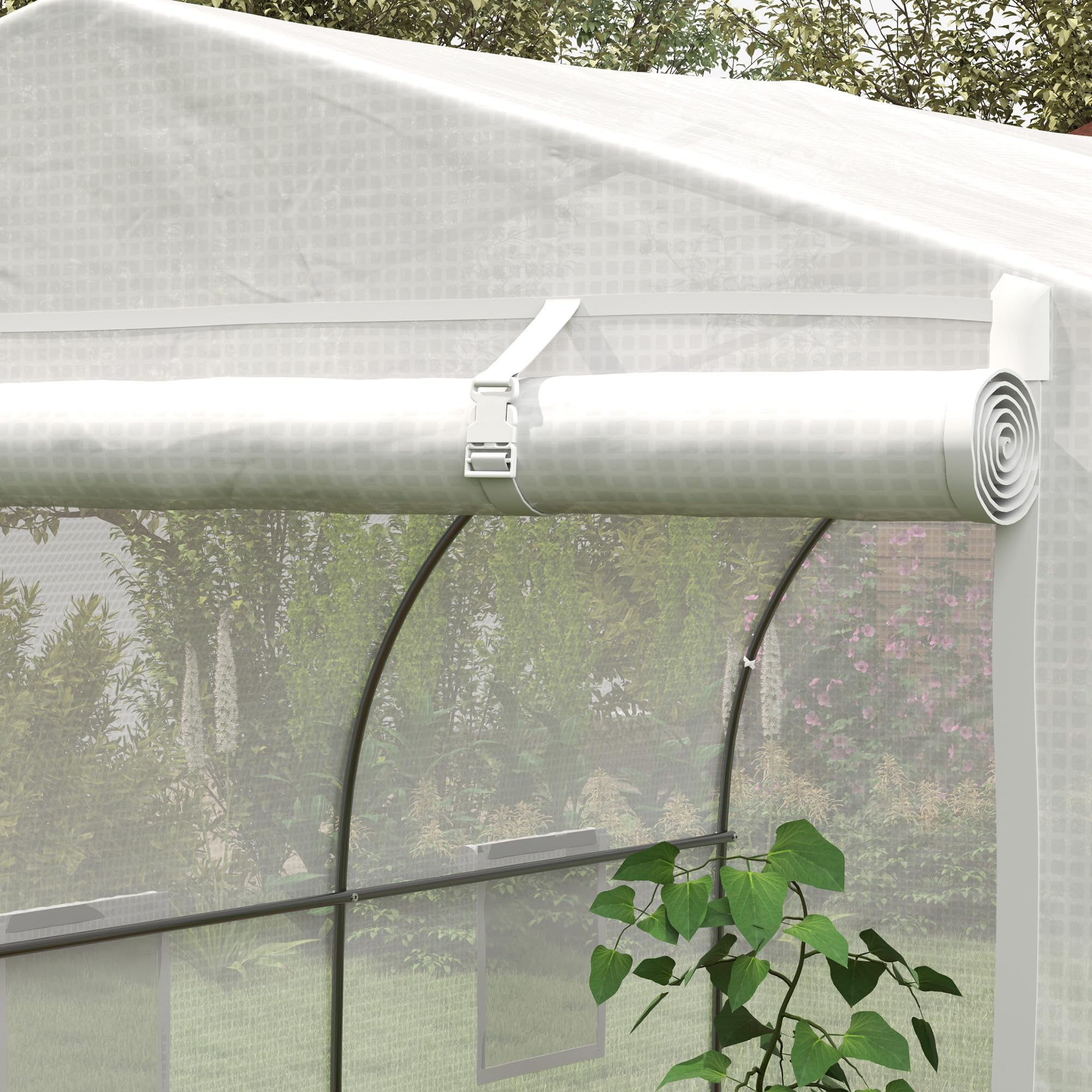 Outsunny Serra da Giardino, Serra a Tunnel per Giardino con Porta a Rullo e 6 Finestre, per Orto in Polietilene e Acciaio, 3.5x3x2 m, Bianco