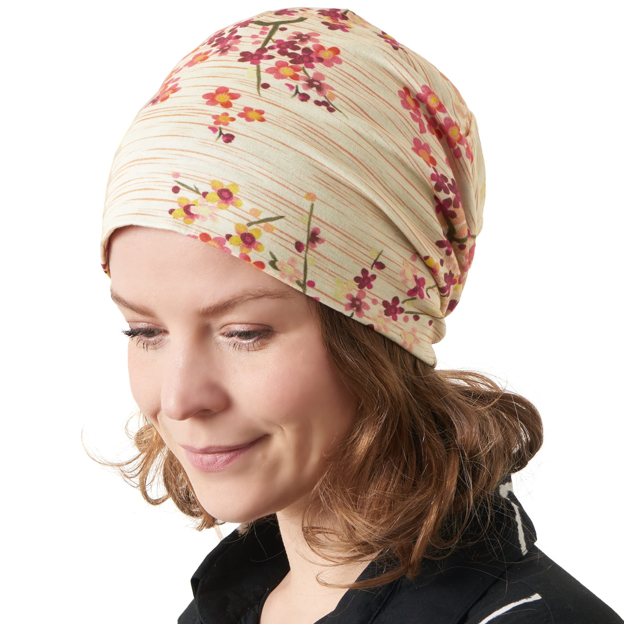 Charm Men's Beige Flower Slouchy Organic Beanie - Cotton Baggy Oversized Hipster Hat Wo Chemo Cap