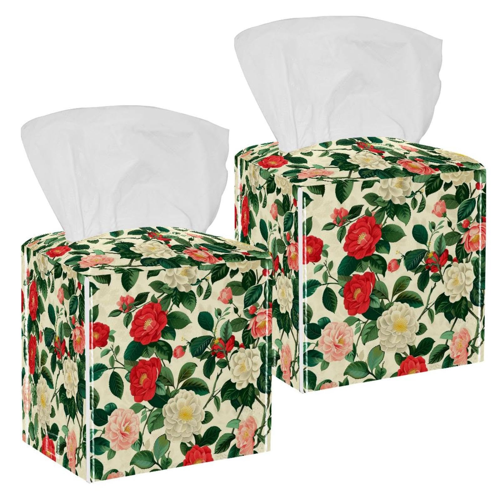 Camellias Prints Tissue Box Cover, 2 Pack PU Leather Square Facial Tissue Dispenser Box holder for Home Office Car
