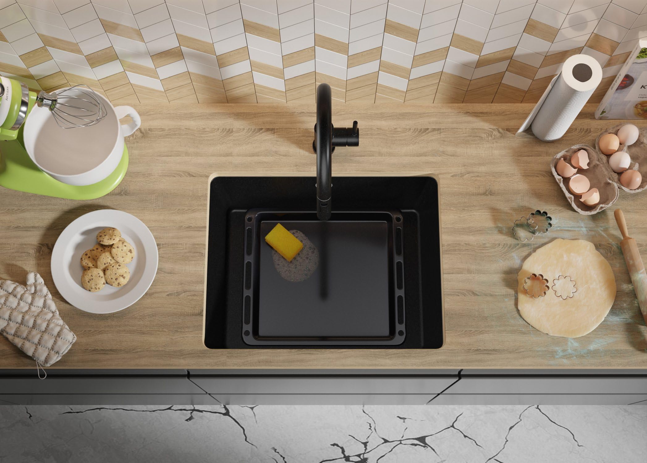 PRIMAGRAN Fregadero bajo Encimera Todo Negro 56x44cm, Cocina 1 Seno + Sifón, Granito al Mueble 60cm - Venecia Easy S067