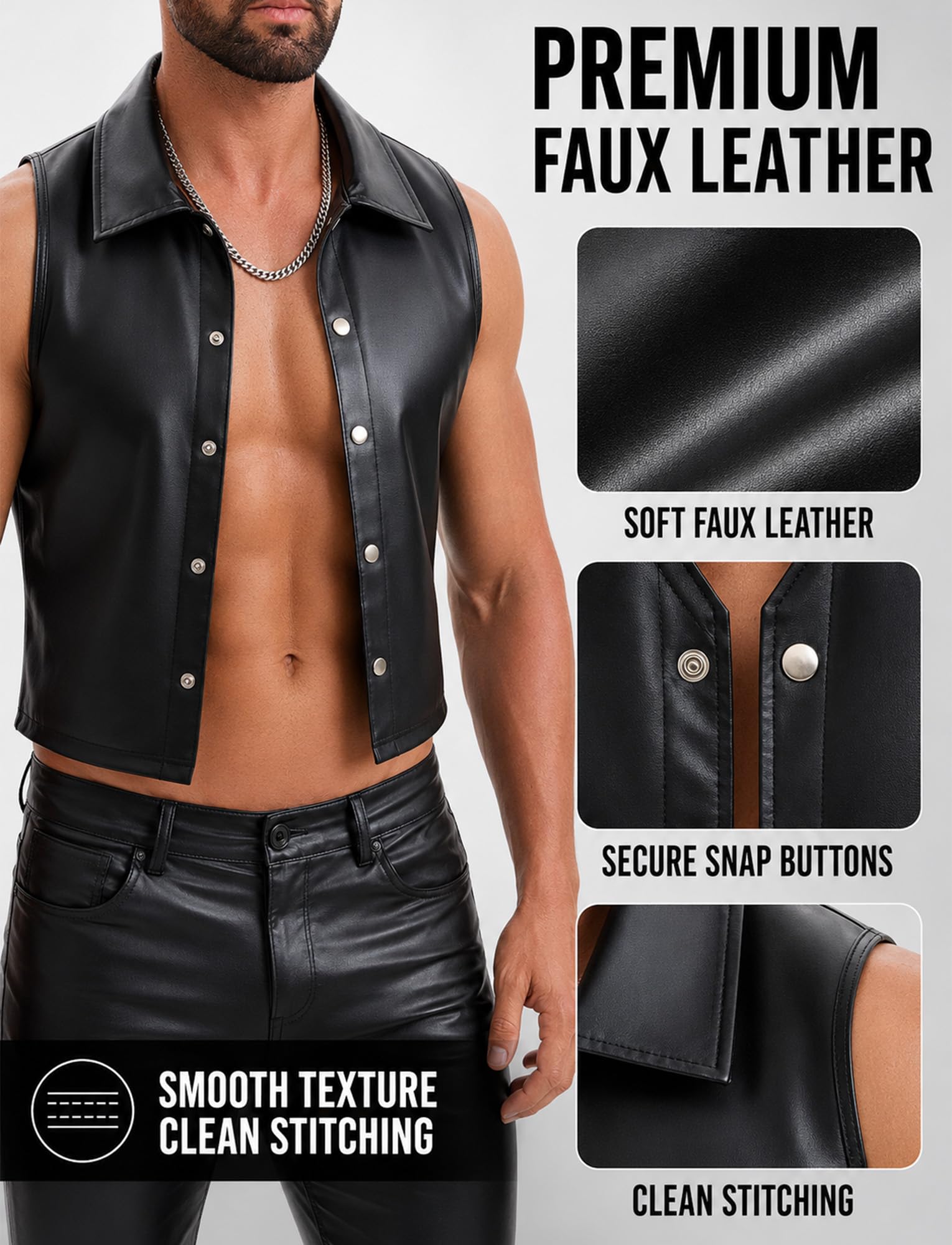 FEOYA Gilet da uomo in finta pelle PU Biker motociclista top | Elegante top con bottoni per club, feste, rave, motociclismo casual | scollo a V profondo | scollo a V | stili con colletto a