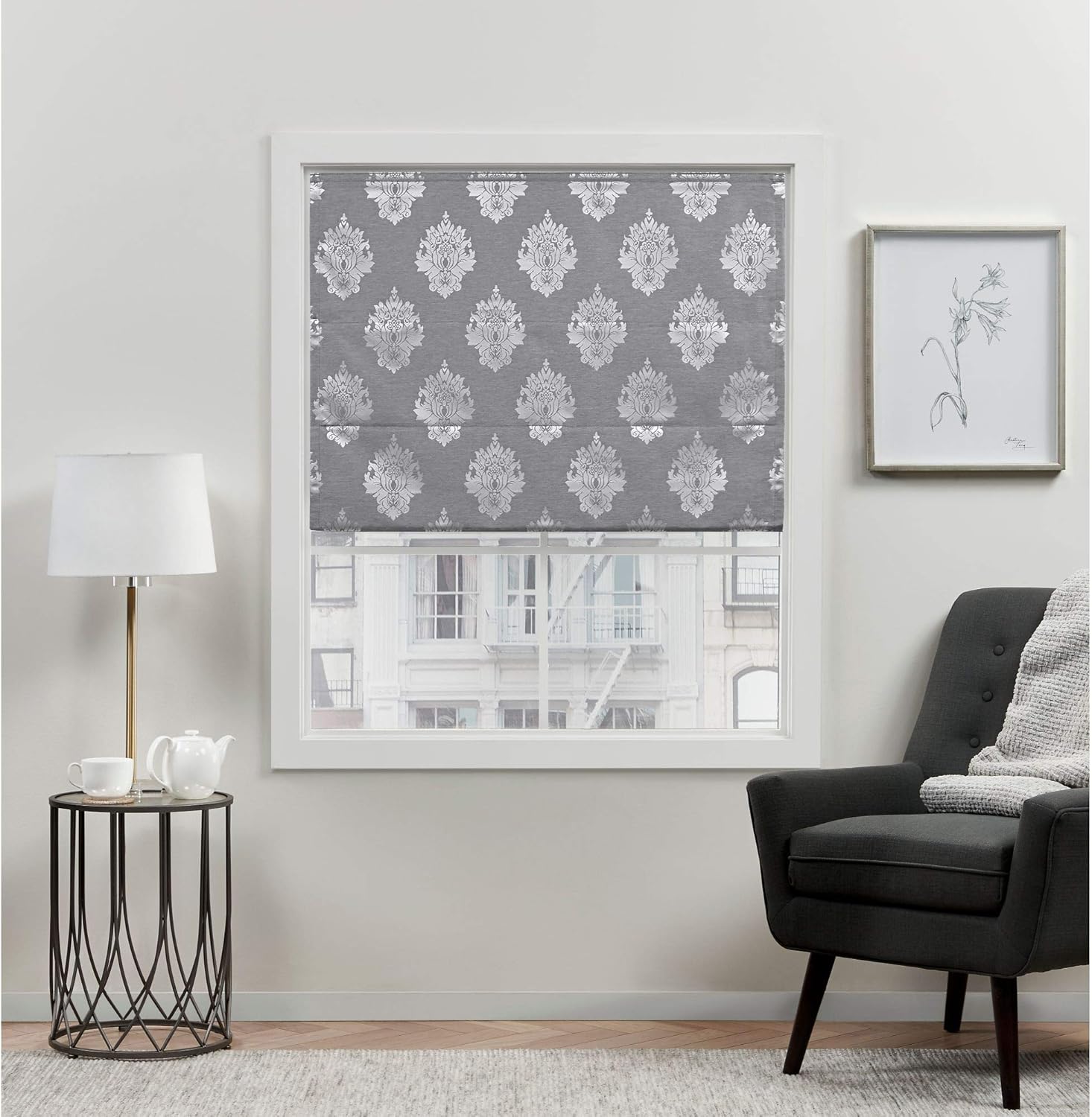 Exclusive Home Curtains Marseilles Damask 100% Blackout Roman Shade, 27"x64", Grey 27"W x 64"H Grey