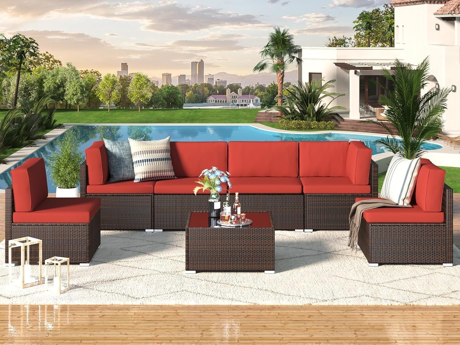 Patio Conversation Set Outdoor Furniture Brown Wicker Rattan Sets with Cushion Sectional,7 Pieces