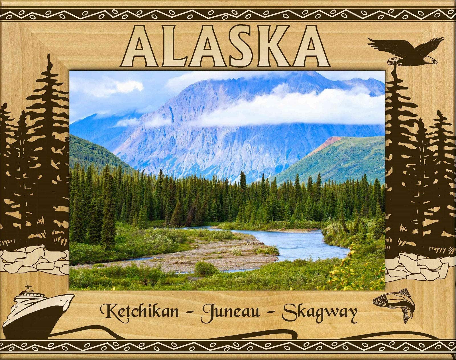 Saddle Mountain SouvenirAlaska-Ketchikan-Juneau-Skagway Laser Engraved Wood Picture Frame Landscape (5 x 7)