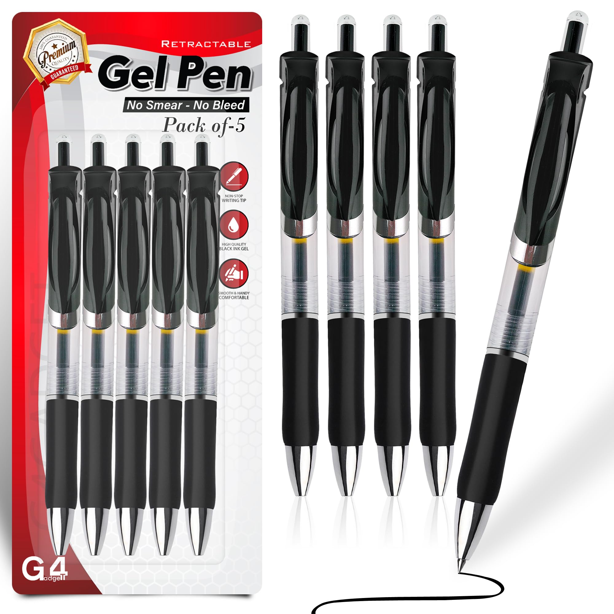 G4GADGET Gel Pens Black Ink Retractable – Pack of 5 – 0.7mm Smooth Writing No Smear No Bleed Rollerball Pens for Office, School & Journaling