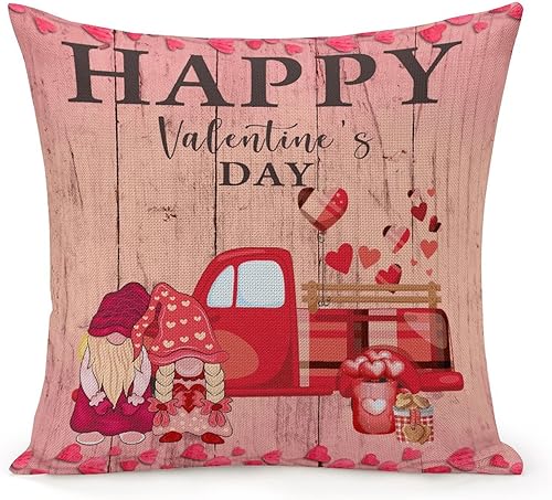 Love Heart Throw Cushion Cover Case Happy Valentines Day Red Pink Hearts Truck Gnomes Decorative Pillow Cover Linen Square Zipped Pillow Case for