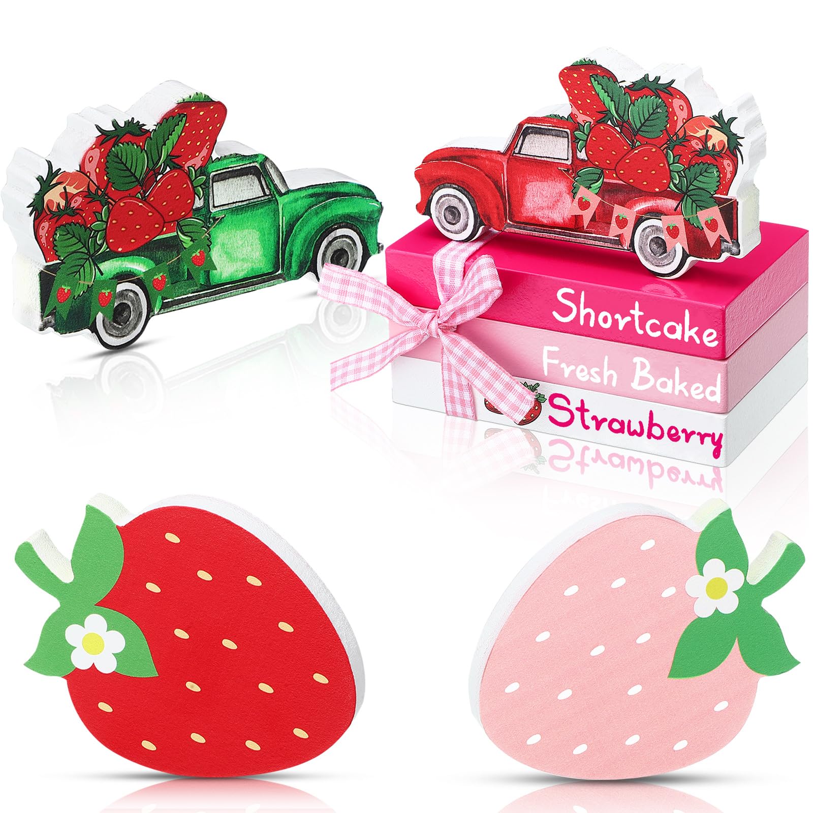 Yalikop 5 Pcs Strawberry Table Decor Summer Tiered Tray Decor Strawberry Tabletop Centerpieces Pink Red Wooden Truck Berry Sign Mini Decorative Books