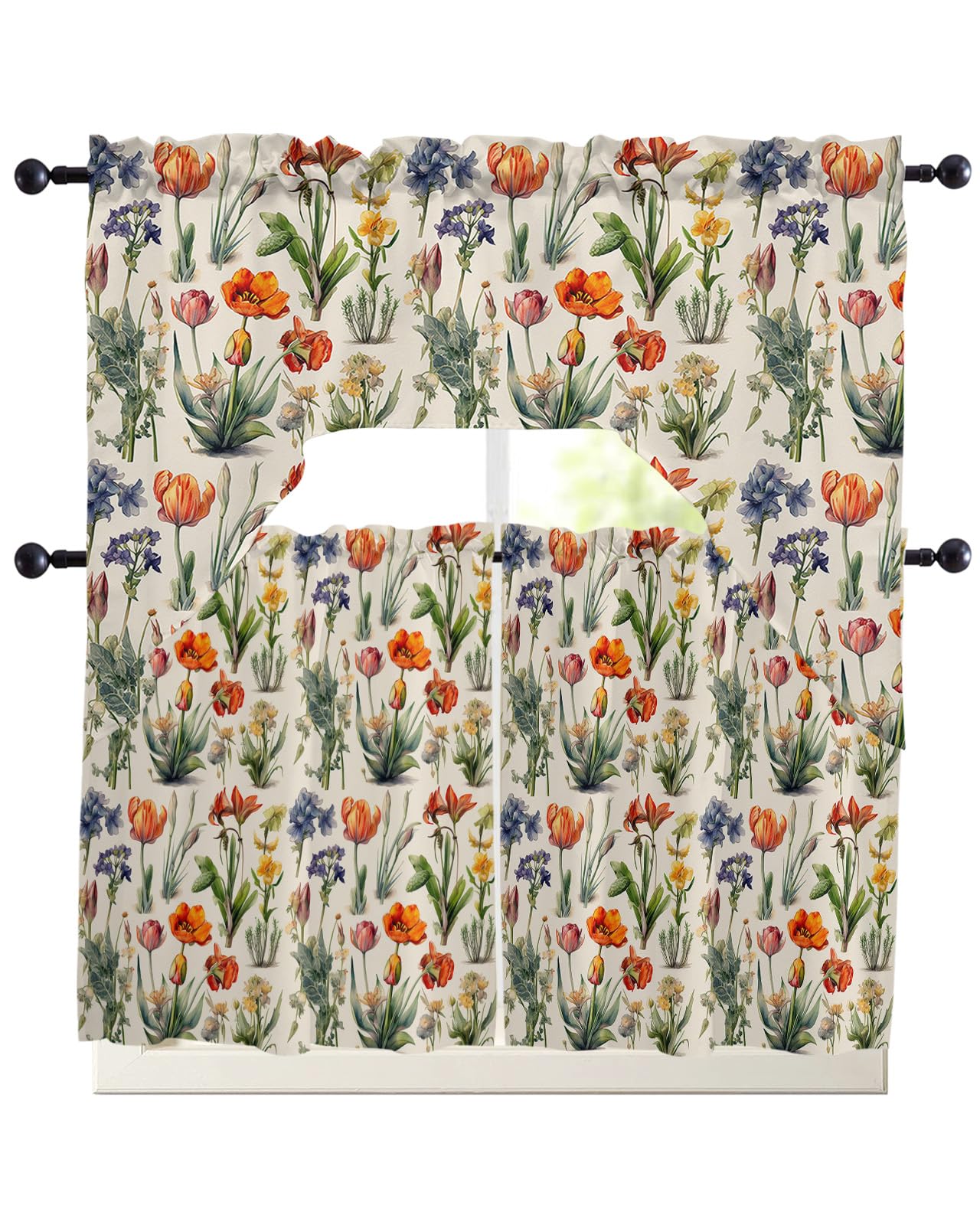 Wild Flowers Swag Kitchen Curtain Sets with Valance, 3 Pieces Rod Pocket Curtain Drapes for Bedroom Living Room Bathroom Cafe Windows, Vintage Spring Summer Herb Leaves 56''x36'' & 24''x27.5''x2Panels