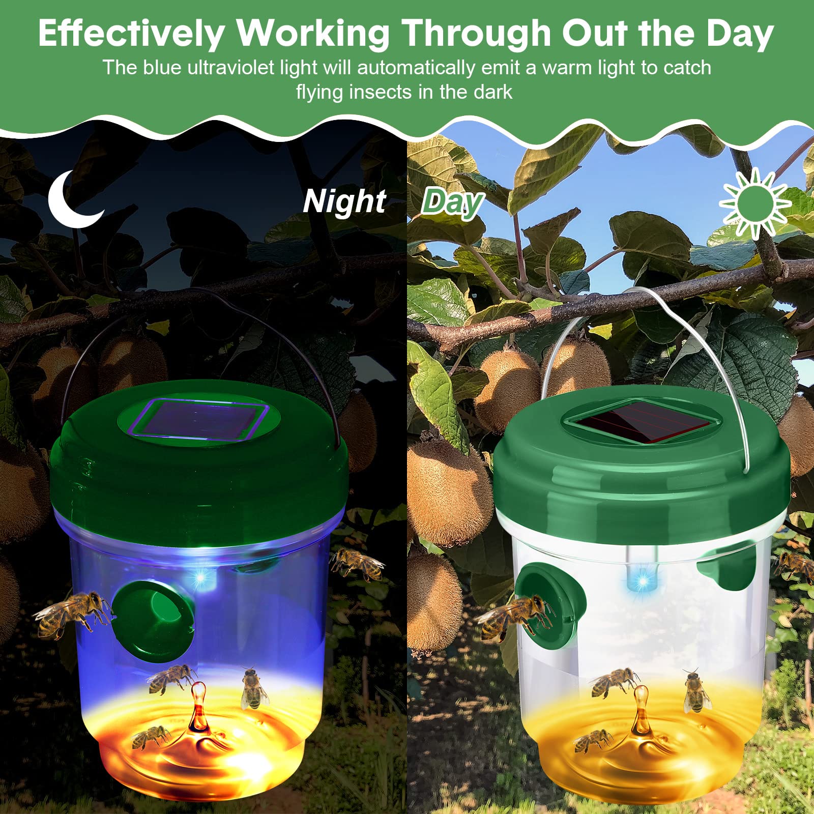 12 Packungen Wespenfalle Solarbetriebene Bienenfalle Wiederverwendbare Fliegenfallen Outdoor Hängende Wespenvernichter mit UV-LED-Licht Fliegende Insekten Bienenvernichter für Innenbereich