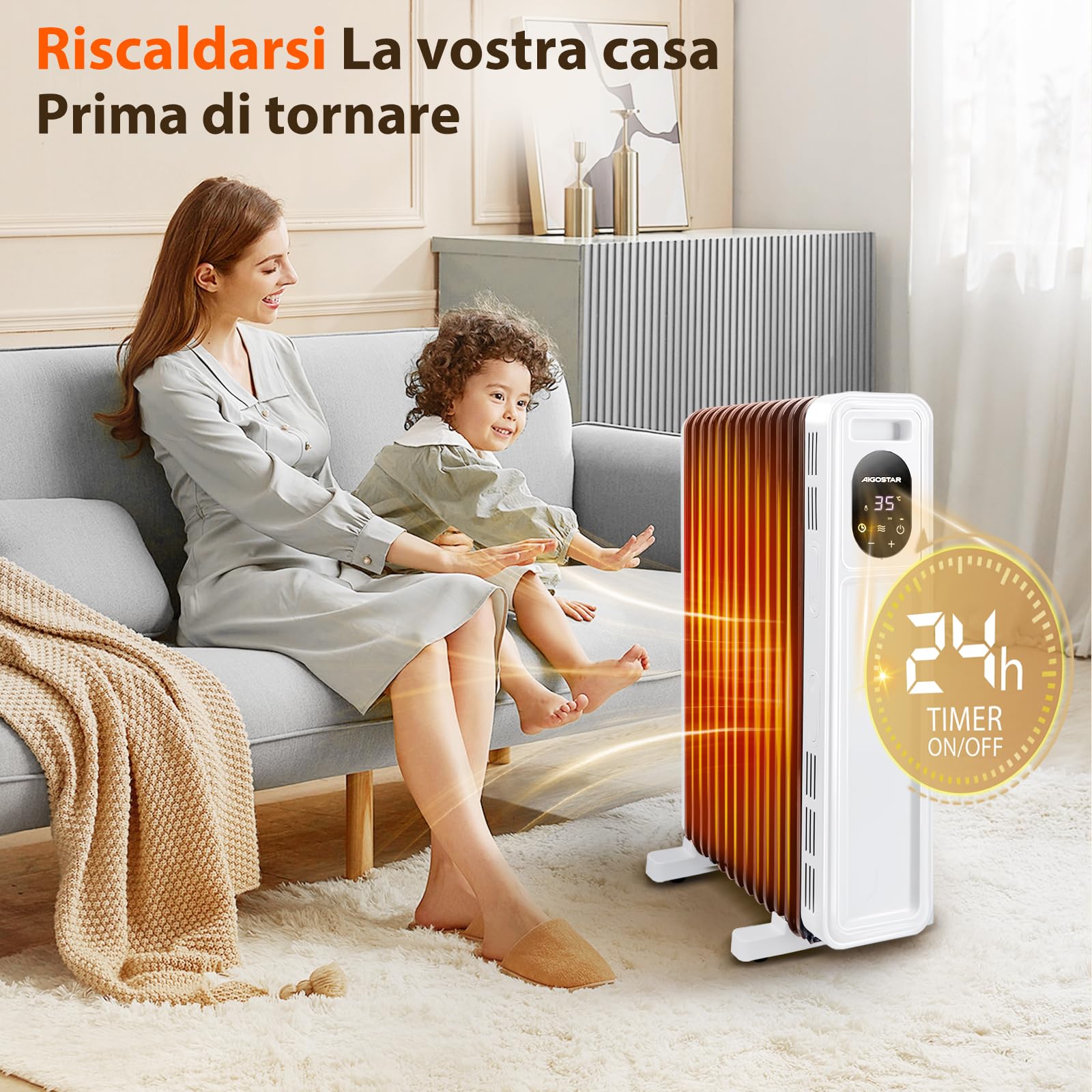Aigostar Radiatore ad Olio 2500W, 13 Elementi Riscaldatore Elettrico Portatile, 3 Livelli di Calore, Modalità ECO, Timer 24H, Touch screen digitale, Telecomando, Hyperheat, Protezione Multipla, 60mq