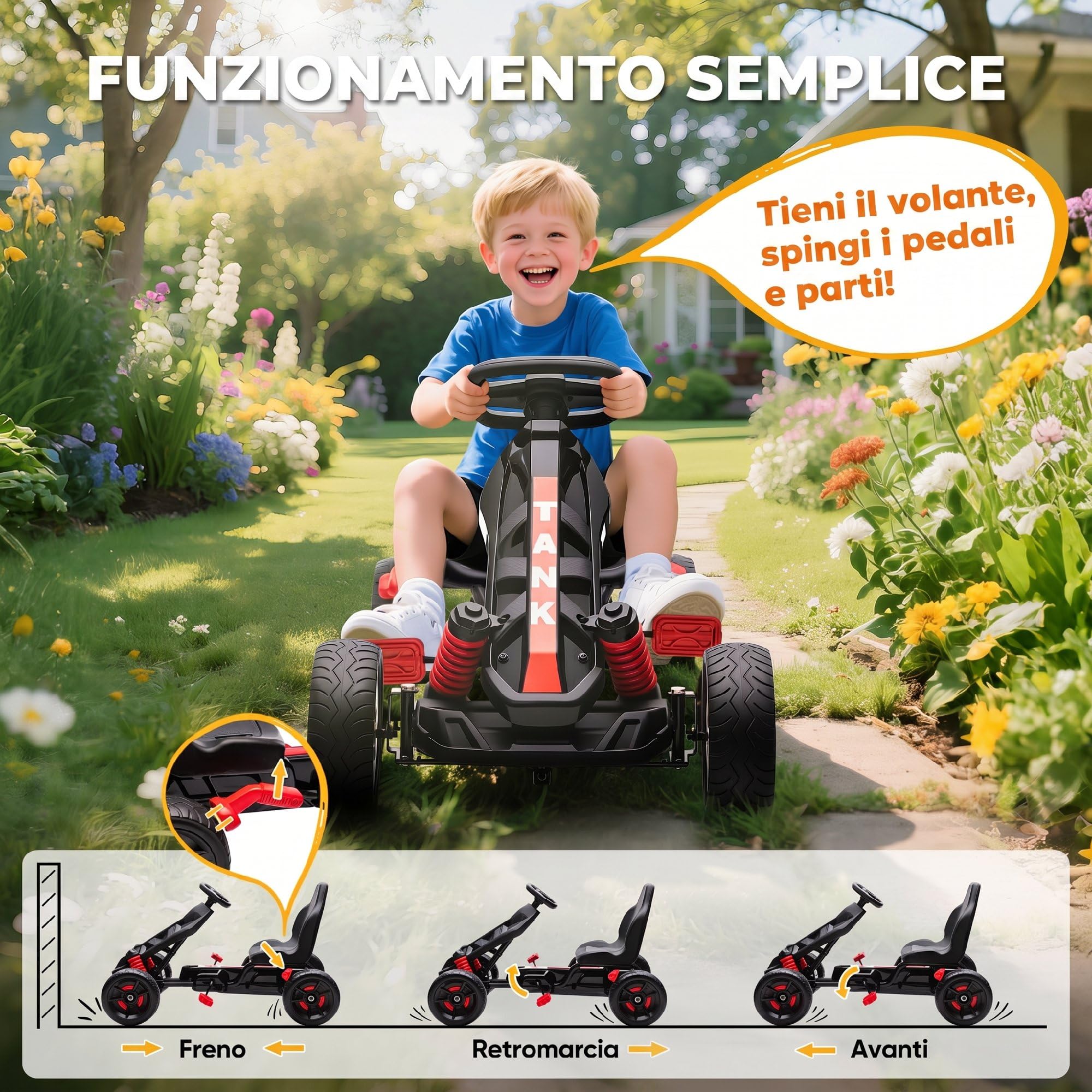 AIYAPLAY Go Kart a Pedali per Bambini 3-6 Anni 50kg con Marcia Avanti Rosso | Veicolo a Pedali per Bambini, Avanti, Retromarcia, Portabicchieri, Ruote in EVA Antiscivolo