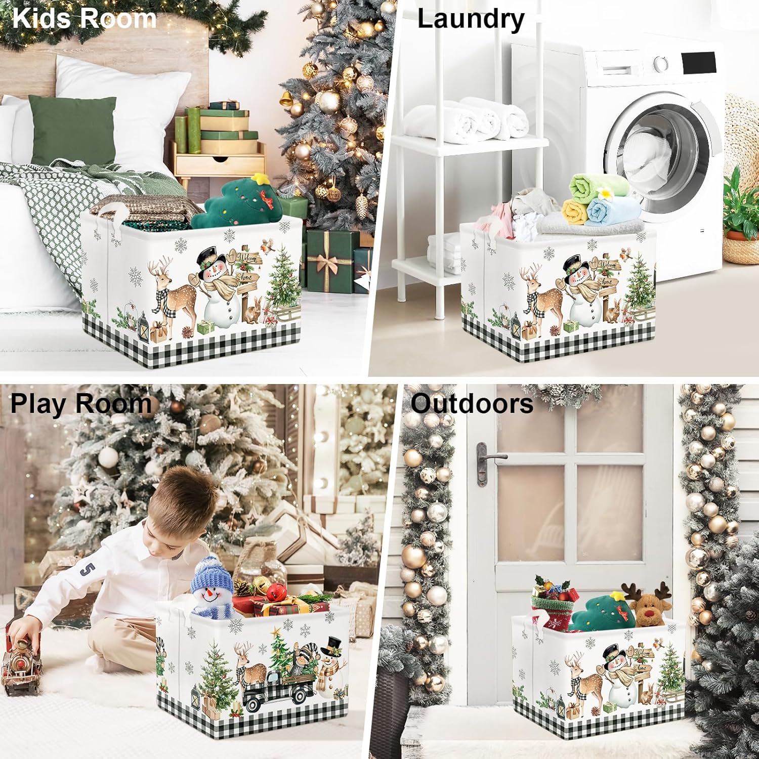 Clastyle Brown Plaid Snowman Christmas Tree Gift Basket Large Winter Deer Gnome Truck Snowflake Nursery Bin Cube Collapsible Rectangle Kid Clothes Toy Book Shelf Basket (Pack of 2)