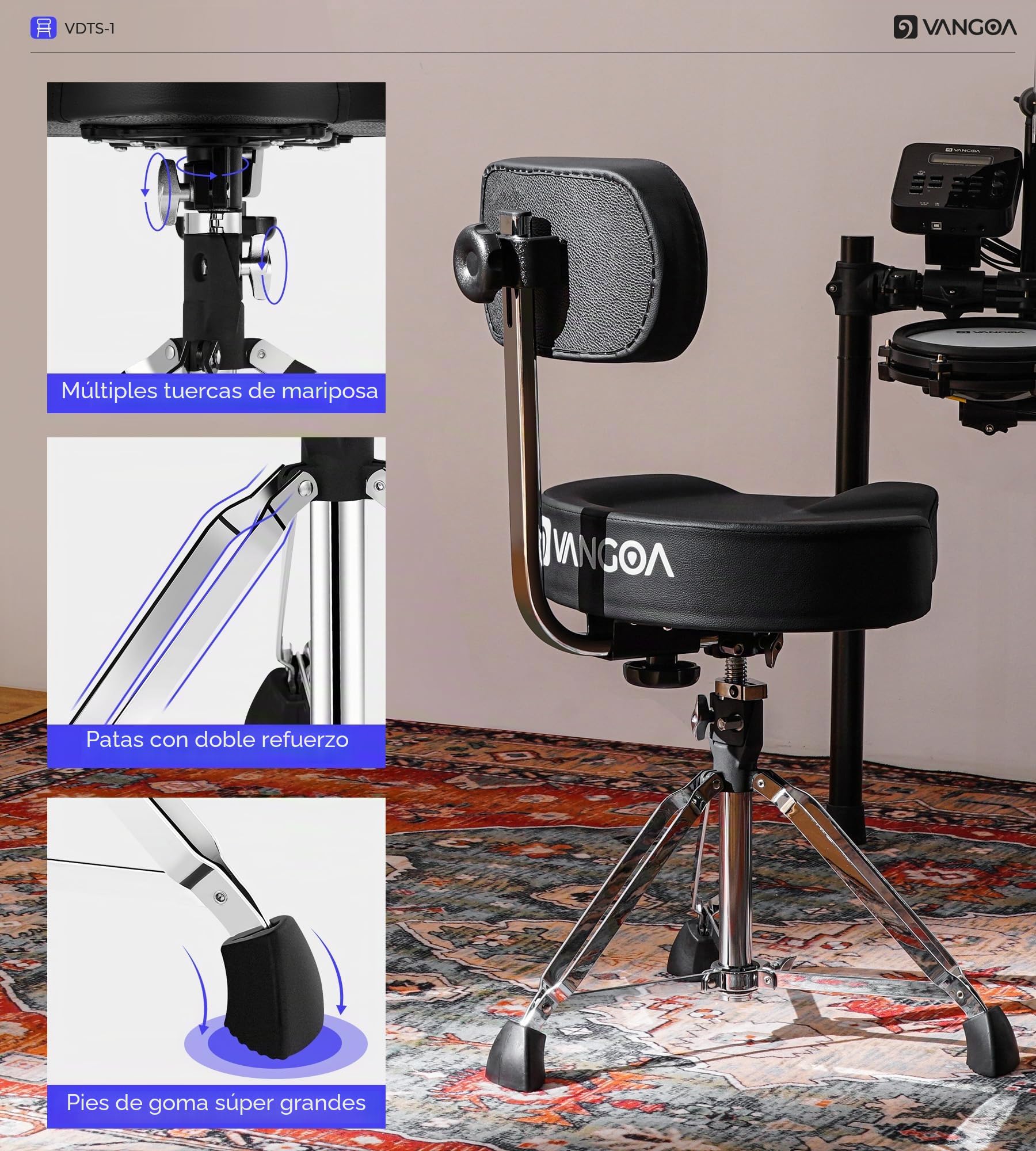vangoa Trono de tambor con respaldo ajustable en altura resistente, estilo motocicleta, asiento de tambor, cómodo y giratorio, doble refuerzo para bateristas y adultos