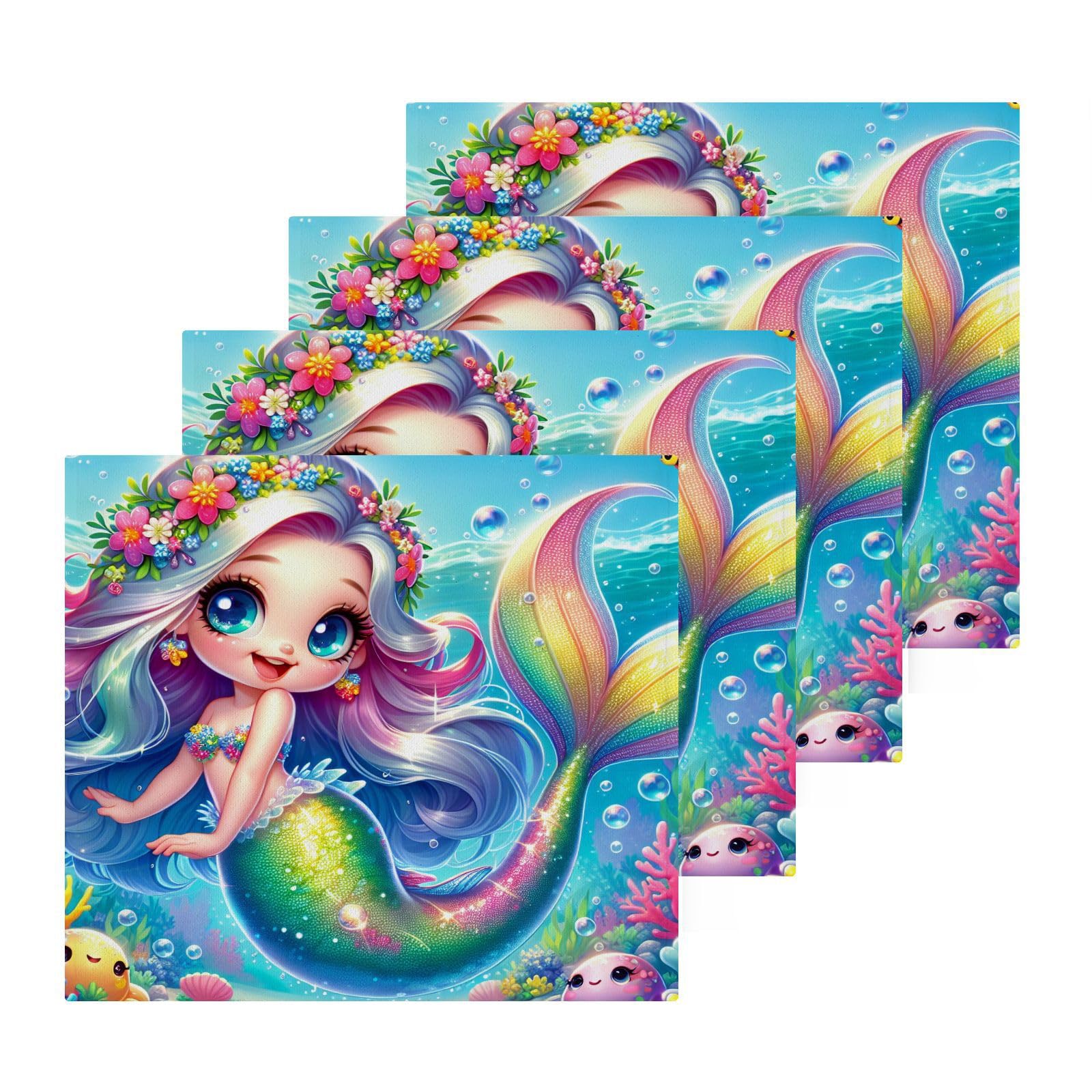 YANENDIE Cute Animated Mermaid Washcloths Towels, Highly Absorbent and Soft Cotton Face Cloths, 4 Pack Quick Dry Wash Cloths - 12 X 12 Inches