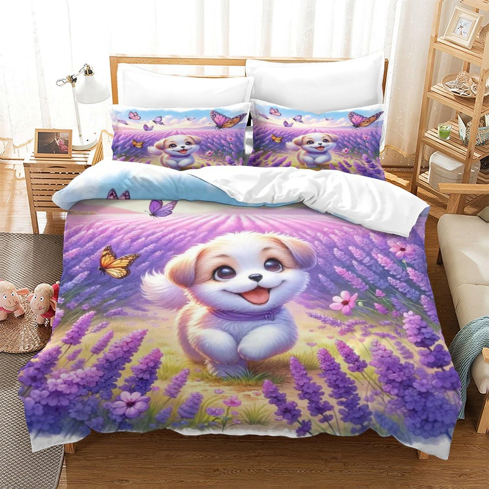 P1S9U7W5Y 3D Printed Cute Puppy Lavender 3 Piece Microfiber Duvet Cover Set Bedroom Decoration Breathable Bedding Set for Adults Teens Super king（260x220cm）