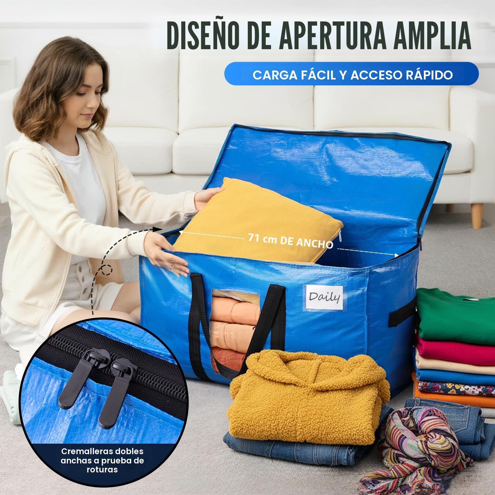 TAILI Bolsa de almacenamiento extragrande con cremallera, ventana transparente y asas reforzadas,Caja de almacenamiento con tapa, adecuada para ropa, viajes y ropa de cama (paquete de 4,Azul)