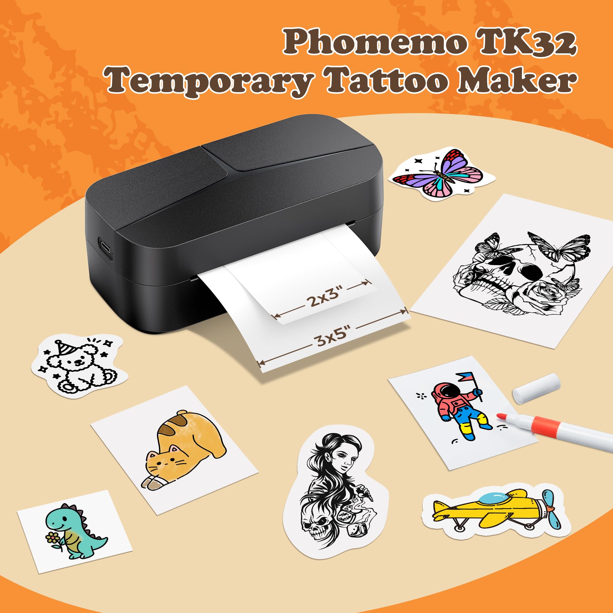Phomemo TK32 Stampante Tattoo Temporanei Bambini Consumabili Kit, Contenente 50 Fogli di carta per tatuaggi e trasferimento (40 fogli da 2x3", 10 fogli da 3x5") e 8 penne marcatori